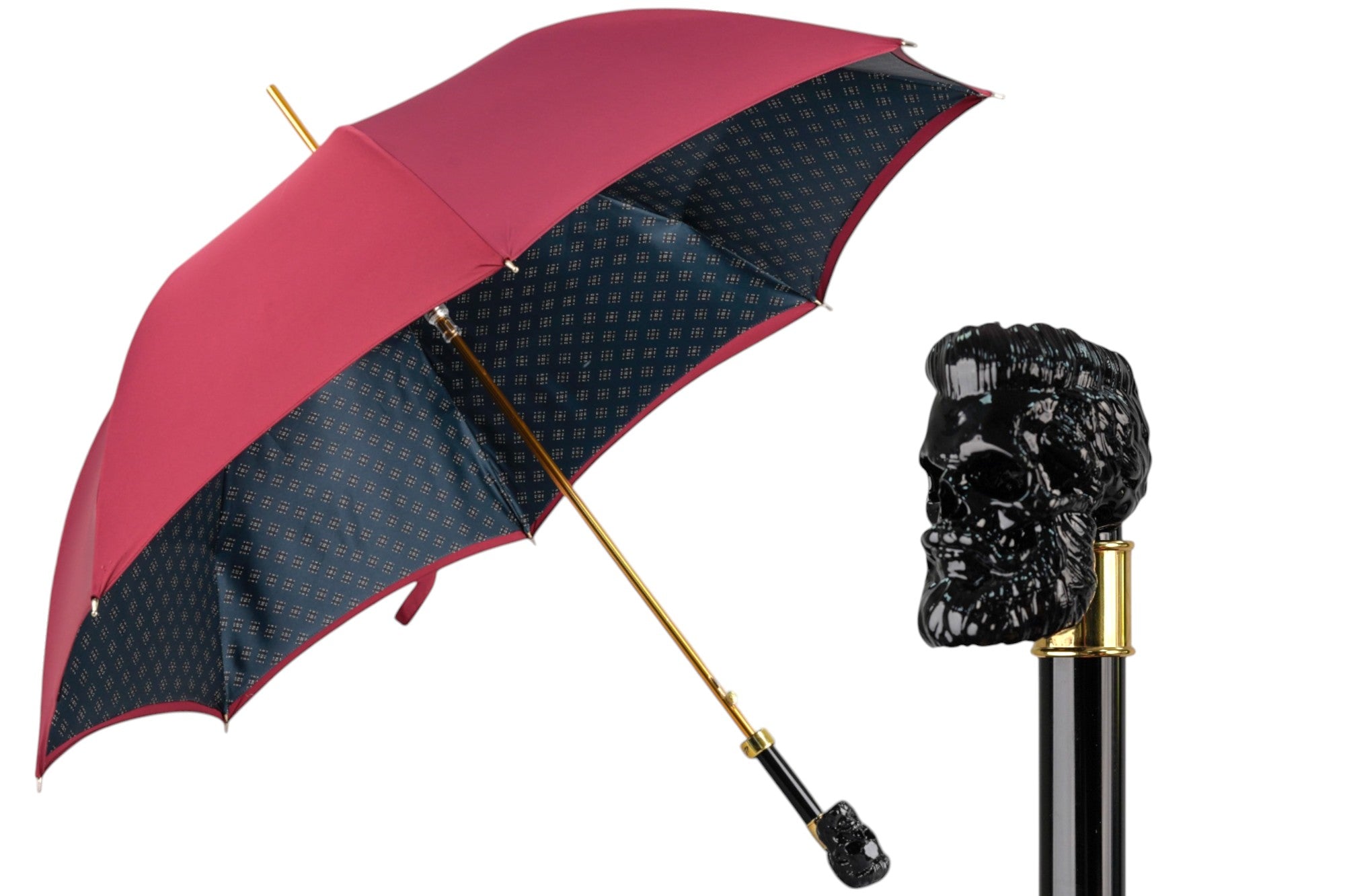 Bold Burgundy Umbrella with Artisan Skull Handle for a Unique