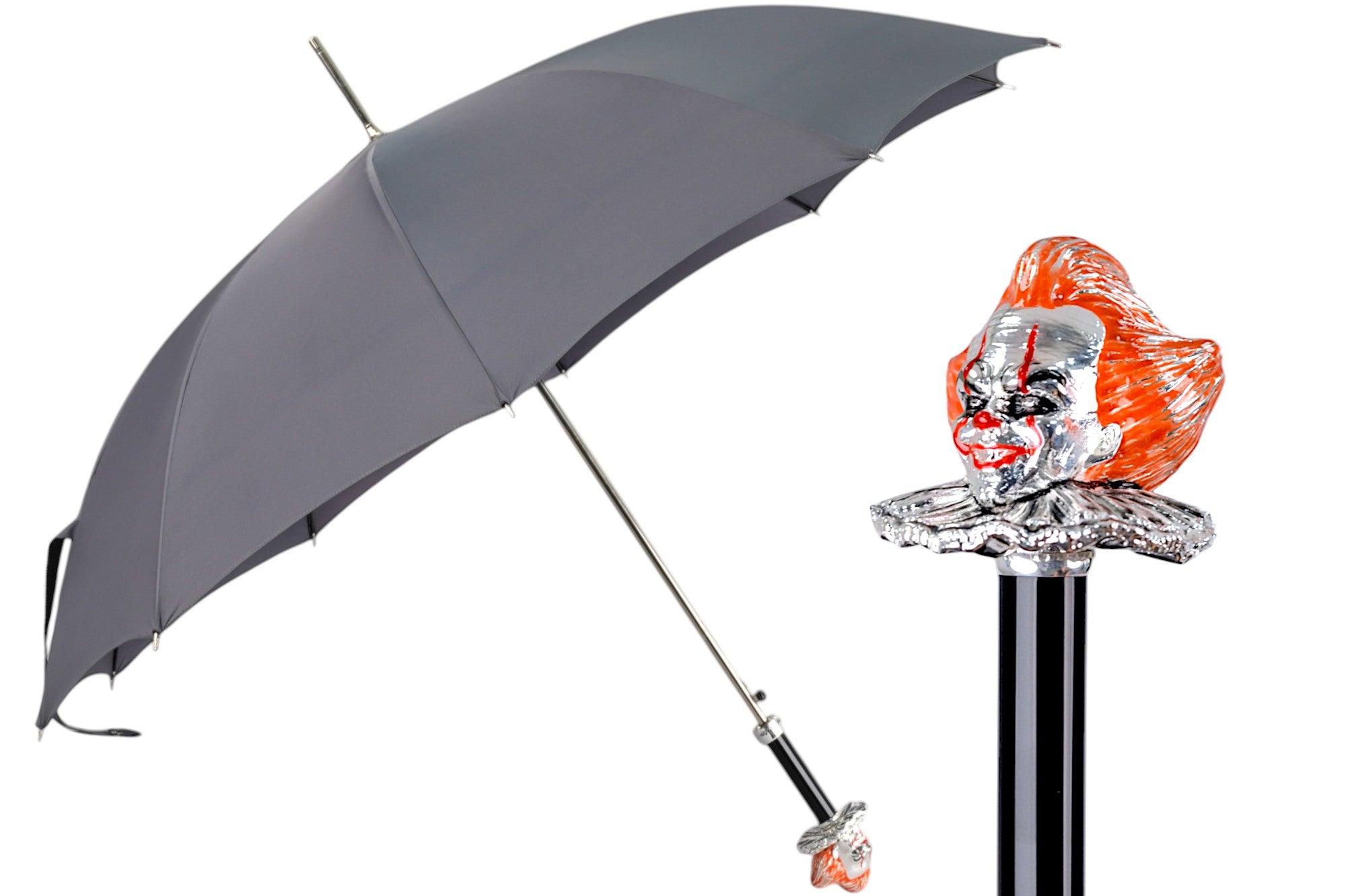 Carnival of Shadows: Grey Umbrella with Intricate Clown