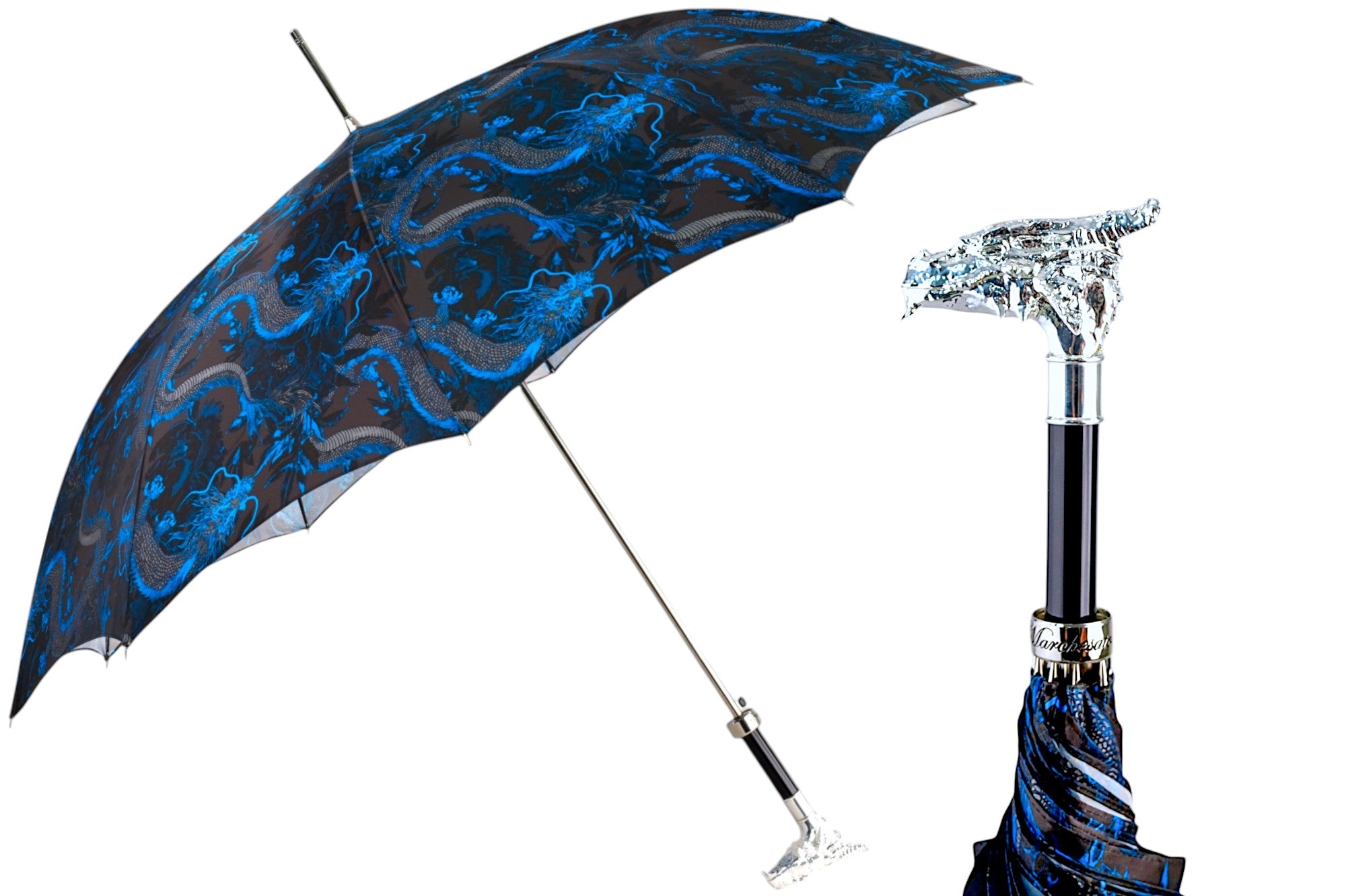 Mythical Dragon Umbrella – Silver-Plated Handle & Oriental Blue