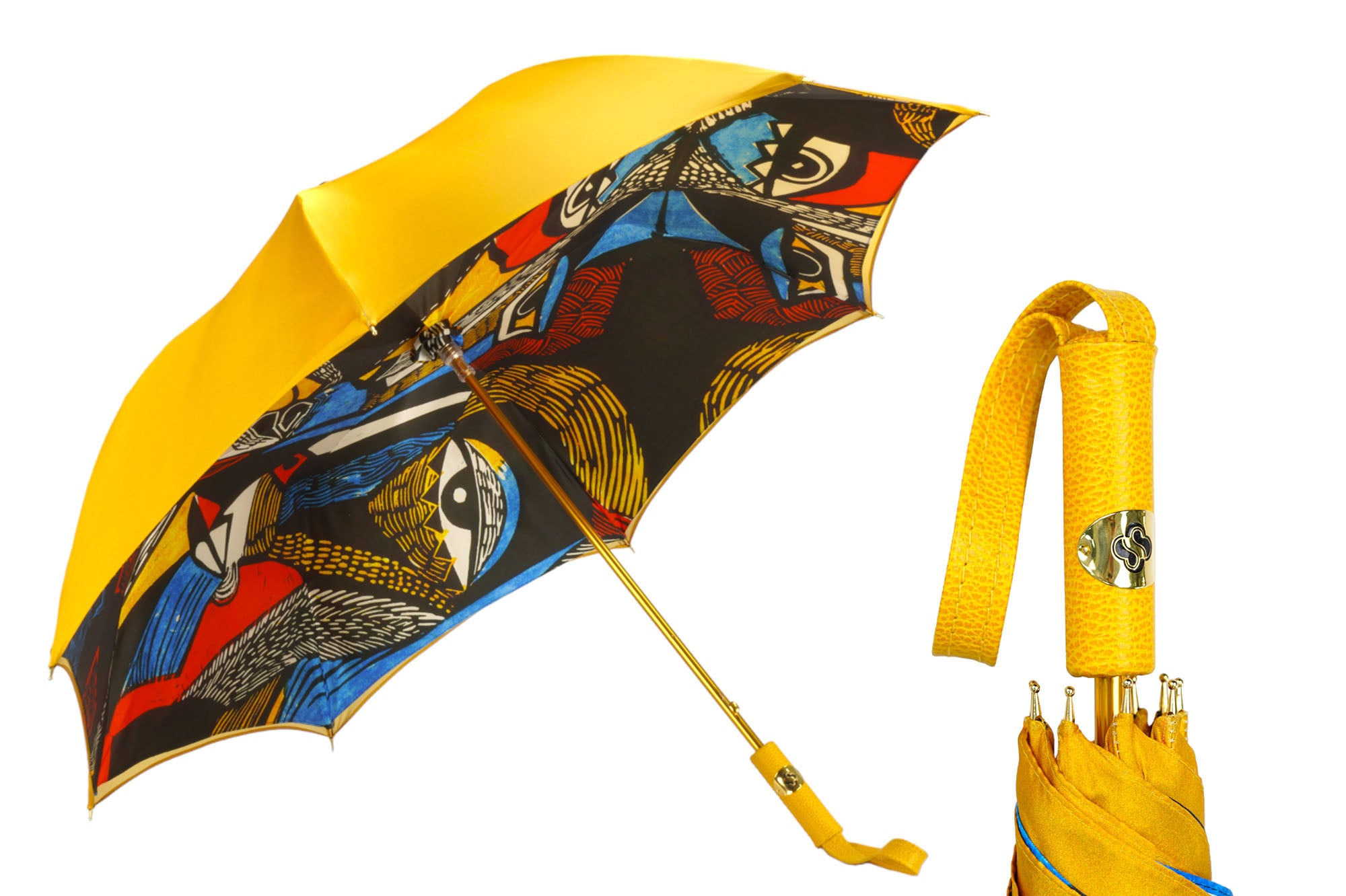 Umbrella with Painted Canvas Style Fabric - Leather handle
