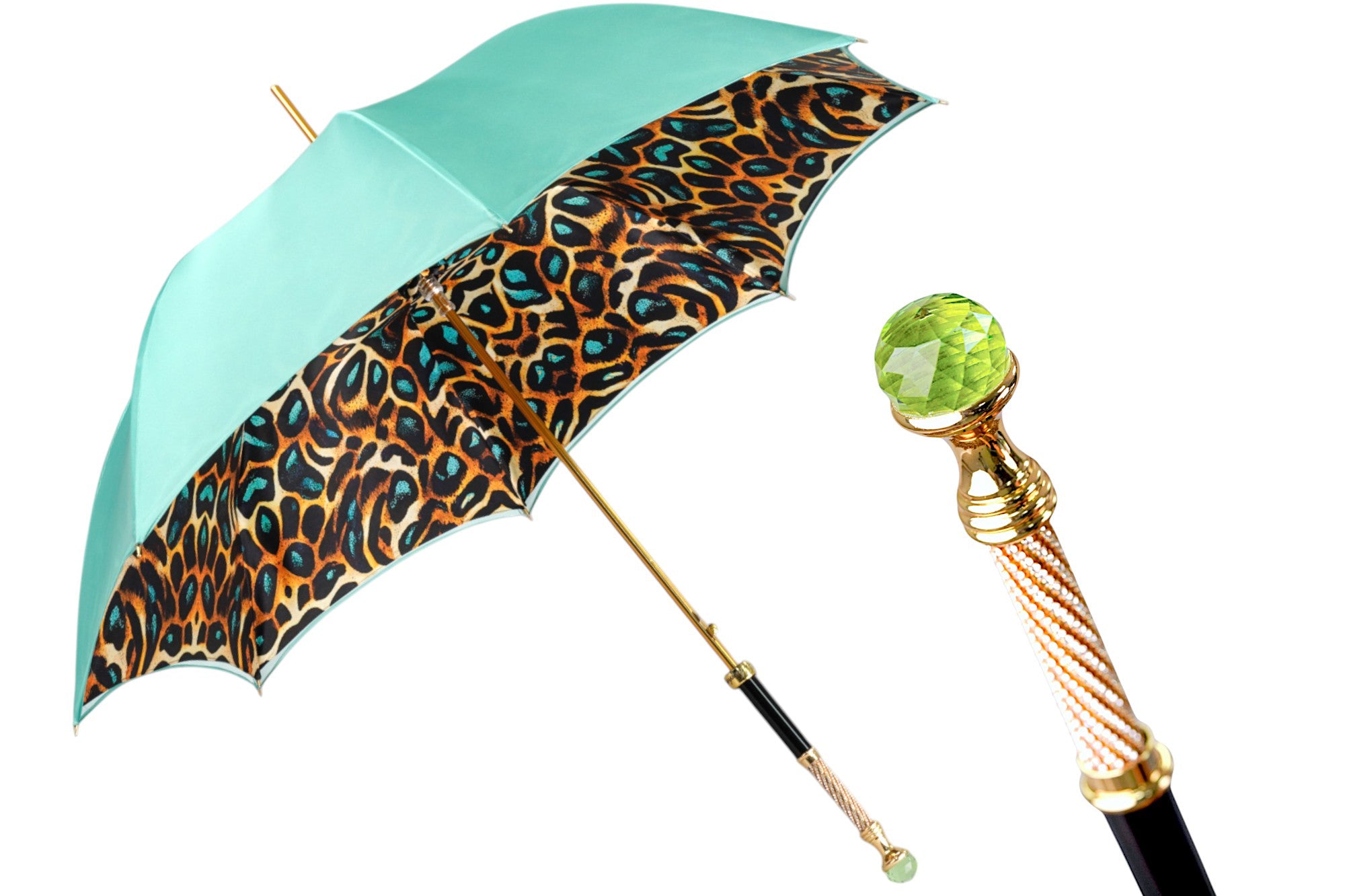 leopard print patio umbrella Wild Elegance: Teal Umbrella with Leopard Print and Green Crystal Handle