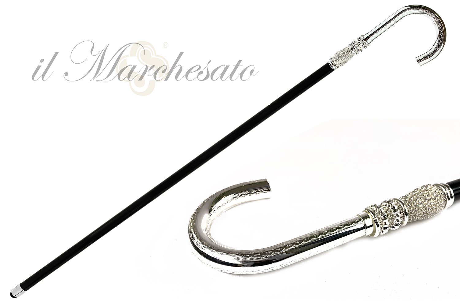 Curved Walking cane for Man in silver-plated brass and crystals –  ilMarchesato - Luxury Umbrellas, Canes and Shoehorns