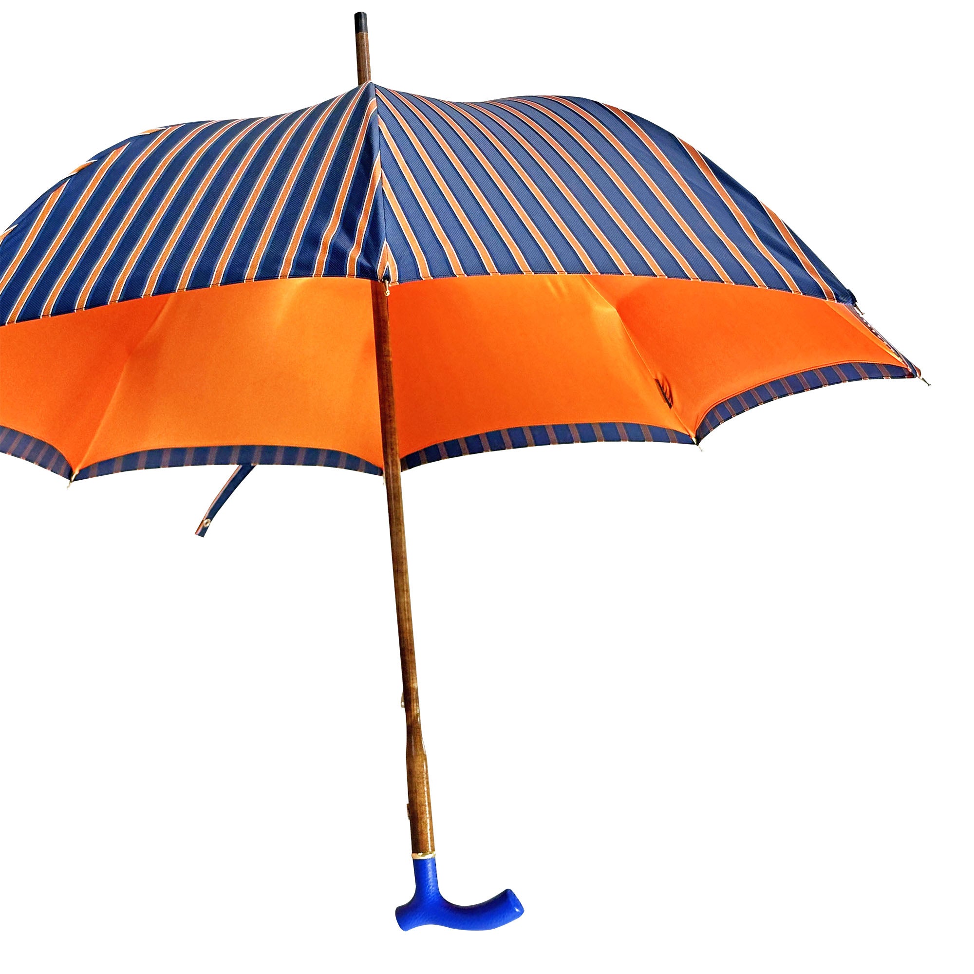 Elegante paraguas naranja - mango de cuero azul hecho a mano