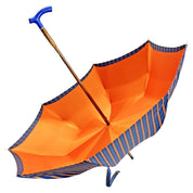 Elegante paraguas naranja - mango de cuero azul hecho a mano