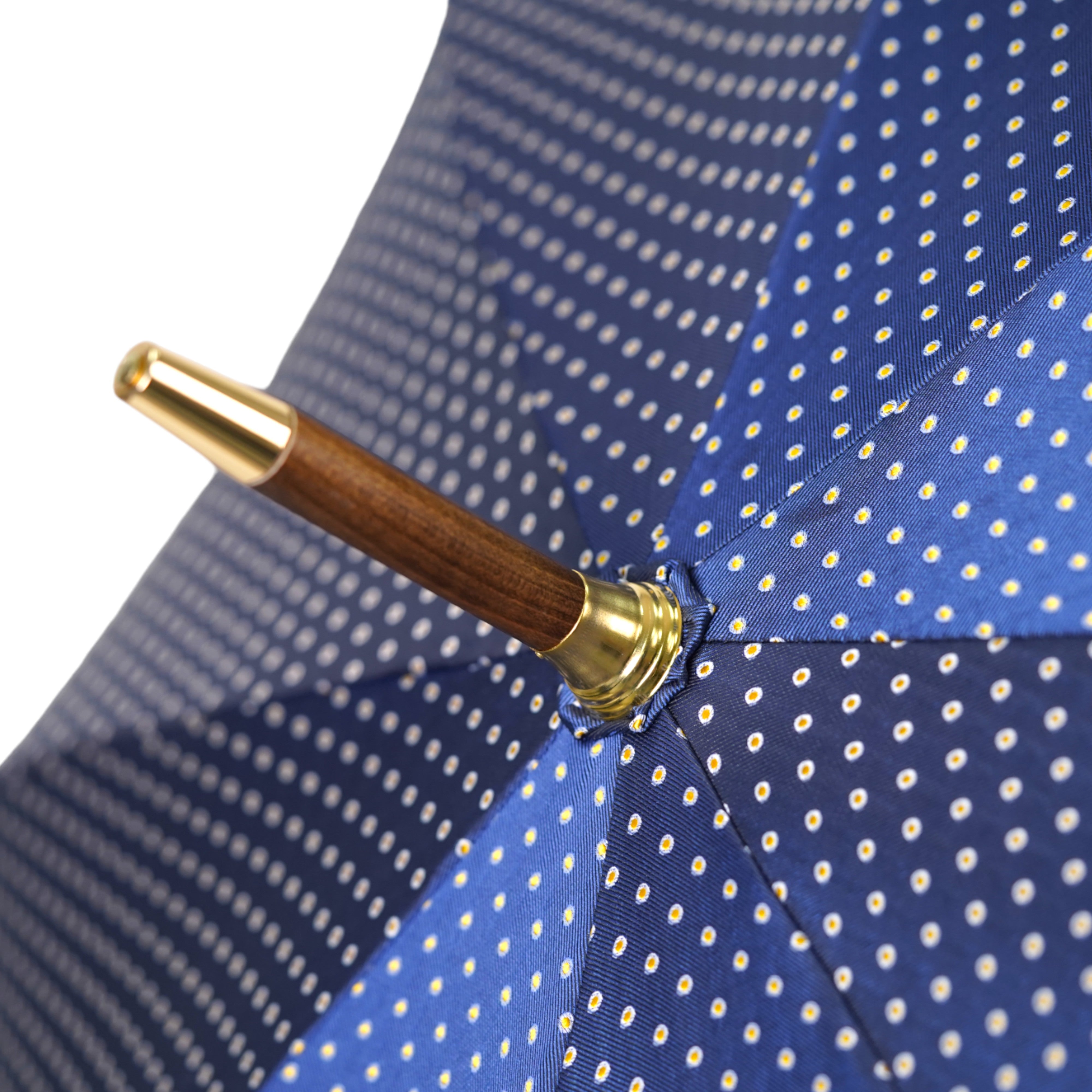 Elegante paraguas con mango de cuero azul y eje de madera de haya
