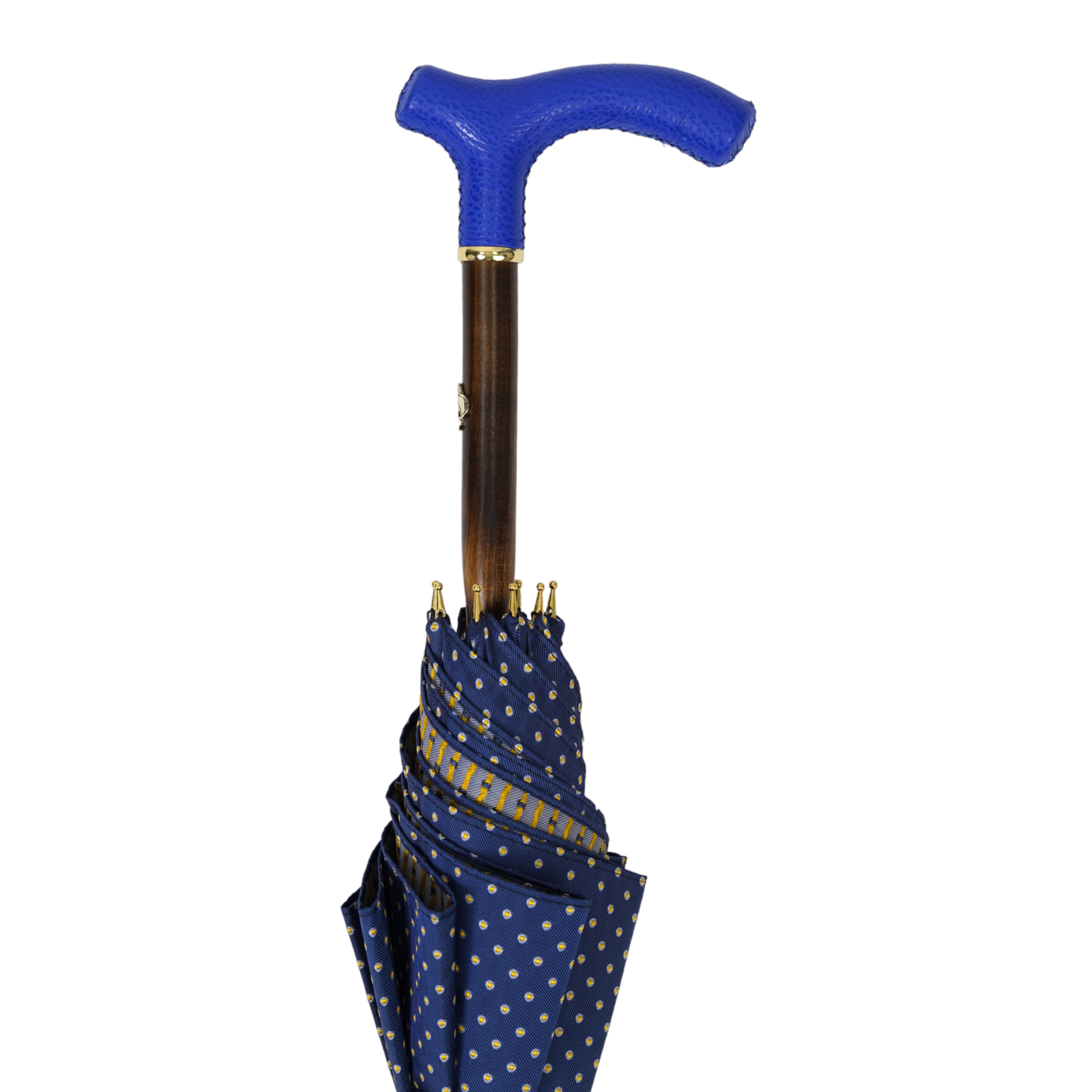 Elegante paraguas con mango de cuero azul y eje de madera de haya