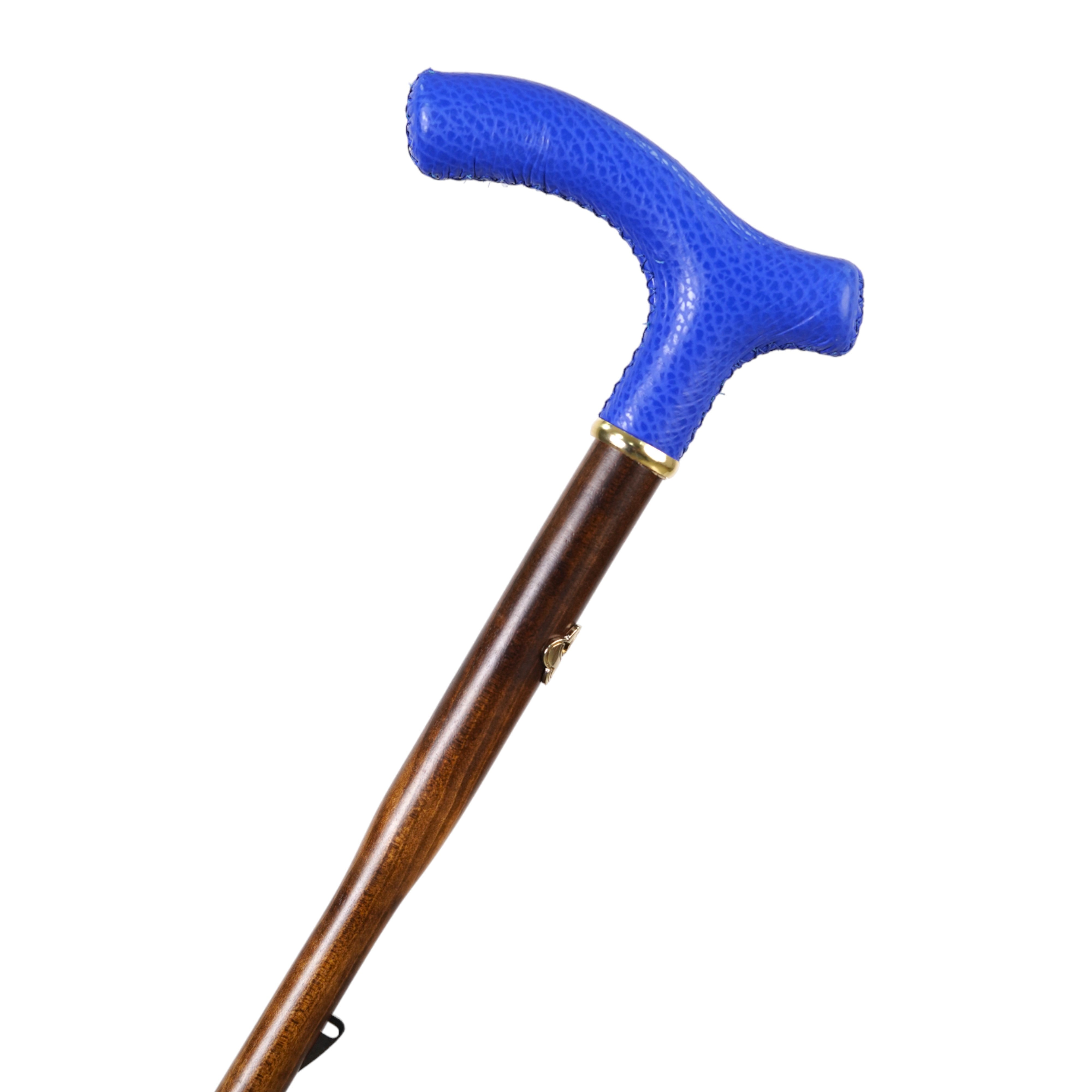 Elegante paraguas con mango de cuero azul y eje de madera de haya