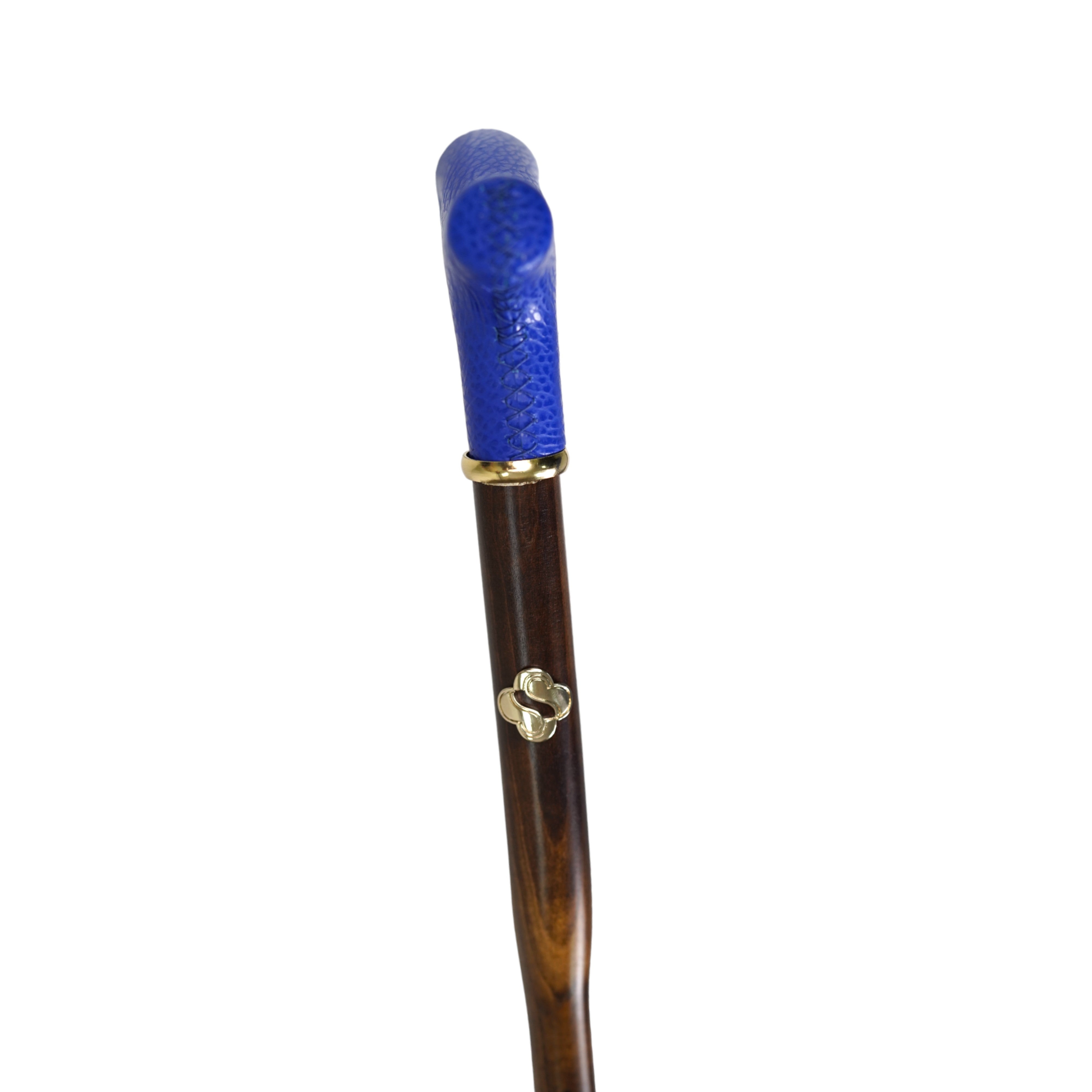 Elegante paraguas con mango de cuero azul y eje de madera de haya