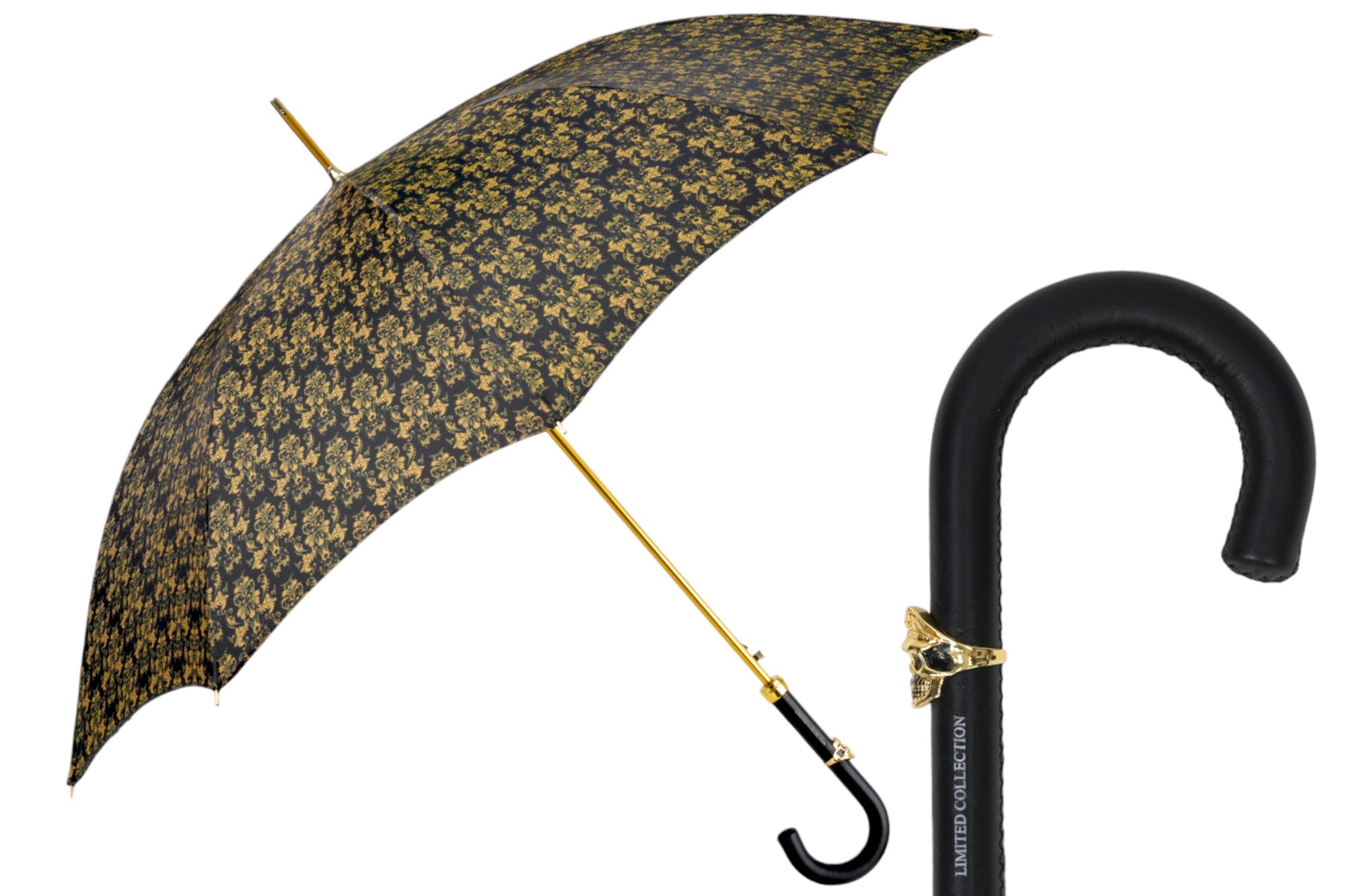 Paraguas elegante con mango de cuero, calavera dorada y un diseño de damasco negro y dorado ornamentado