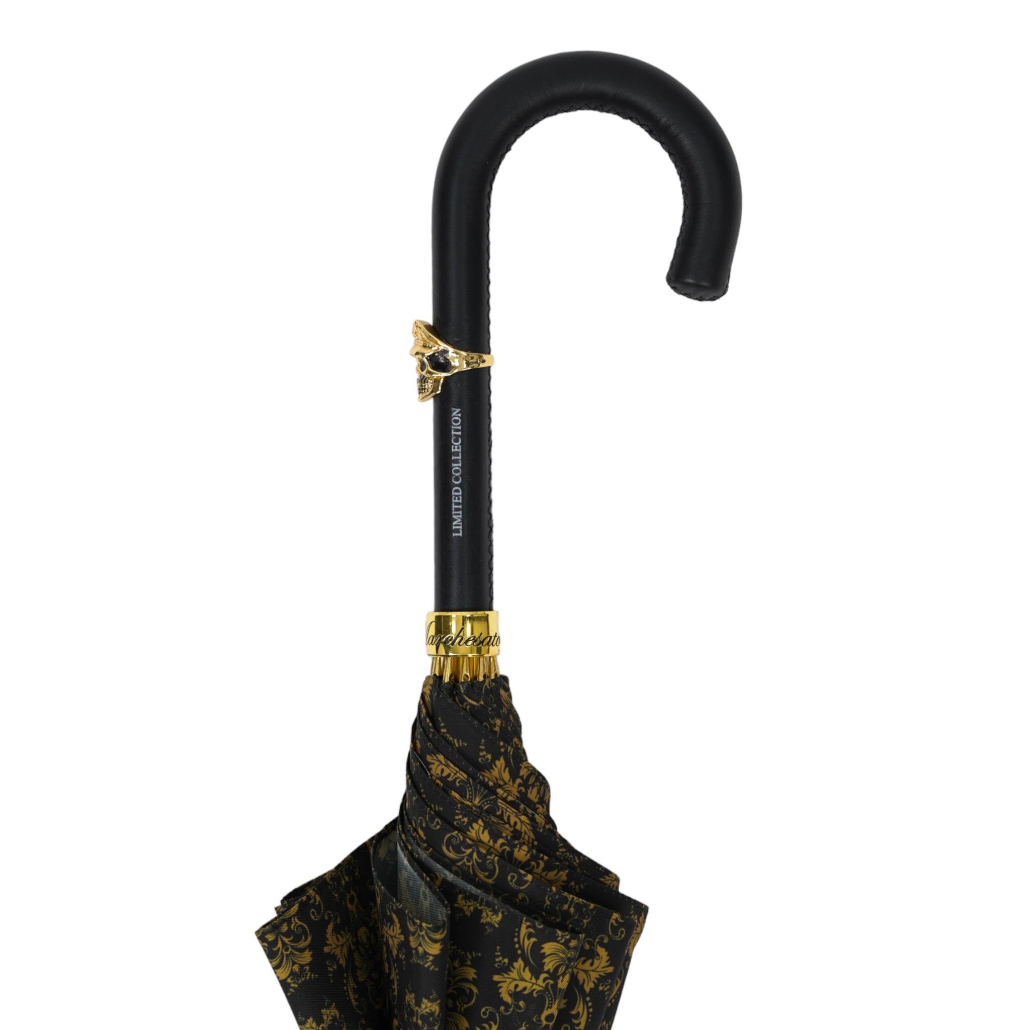 Elegant Umbrella with Leather Handle, Gold Skull, and Ornate Black and – ilMarchesato