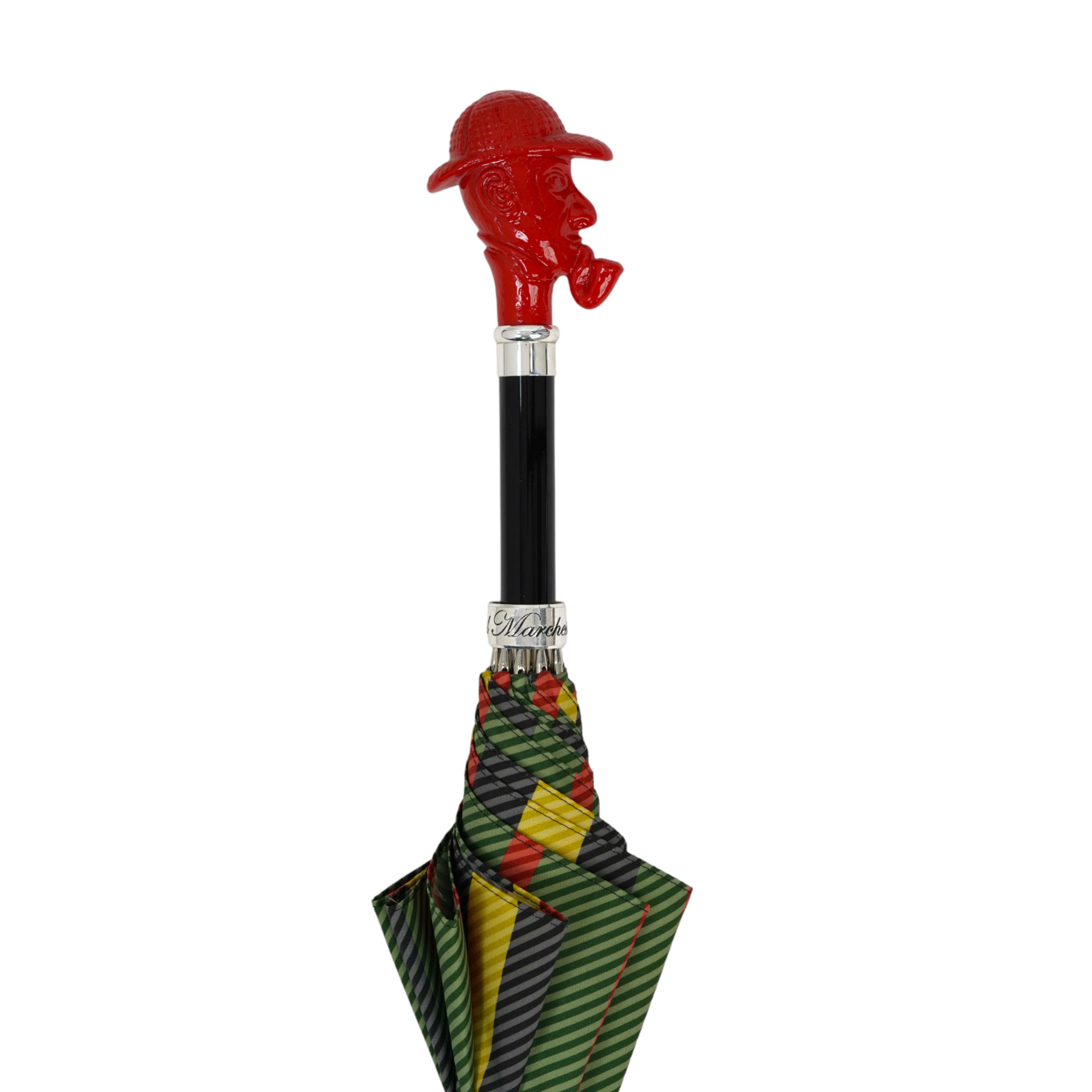 Paraguas con mango estilo Sherlock Holmes y patrón de rayas clásico