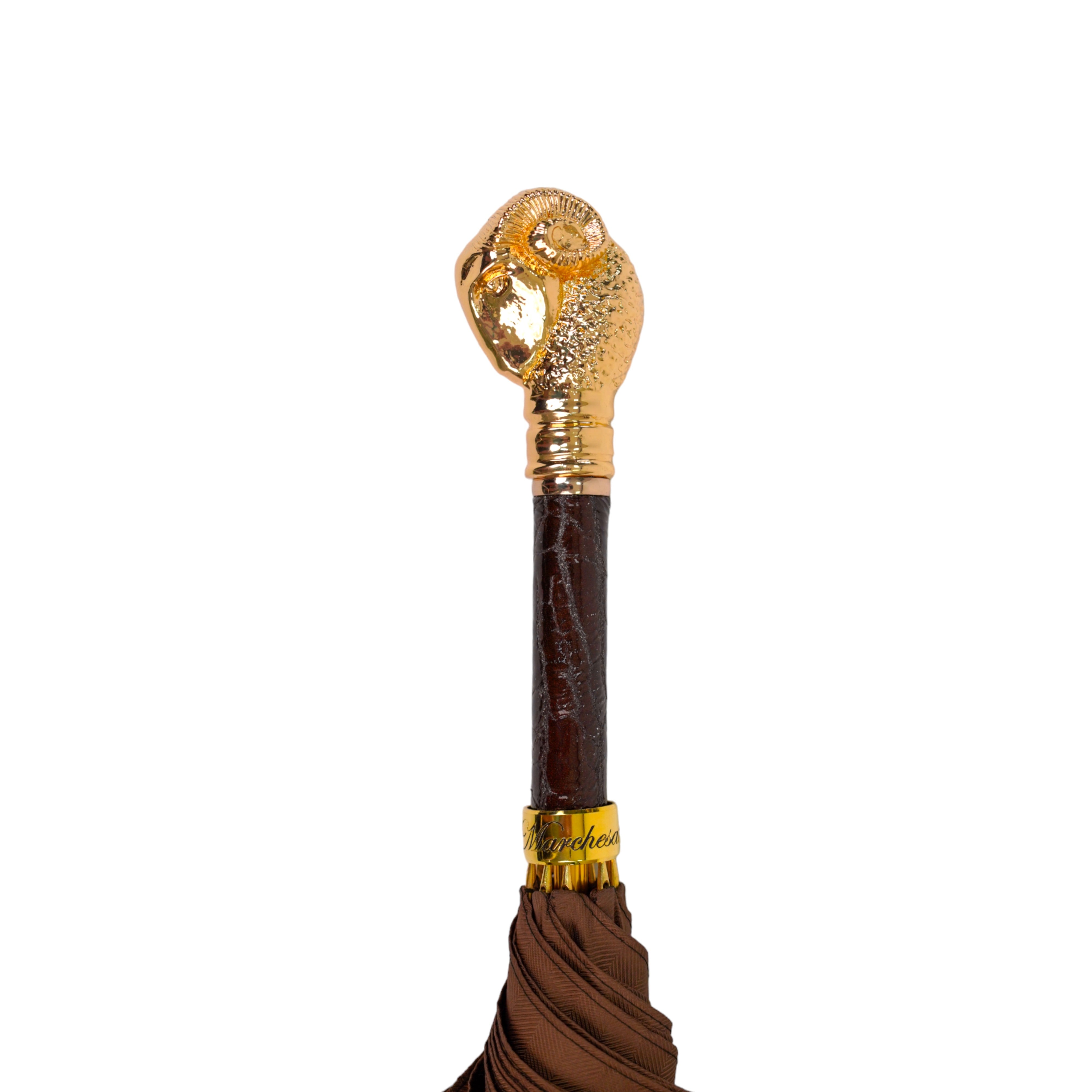 Elegante paraguas color tabaco con mango de carnero dorado