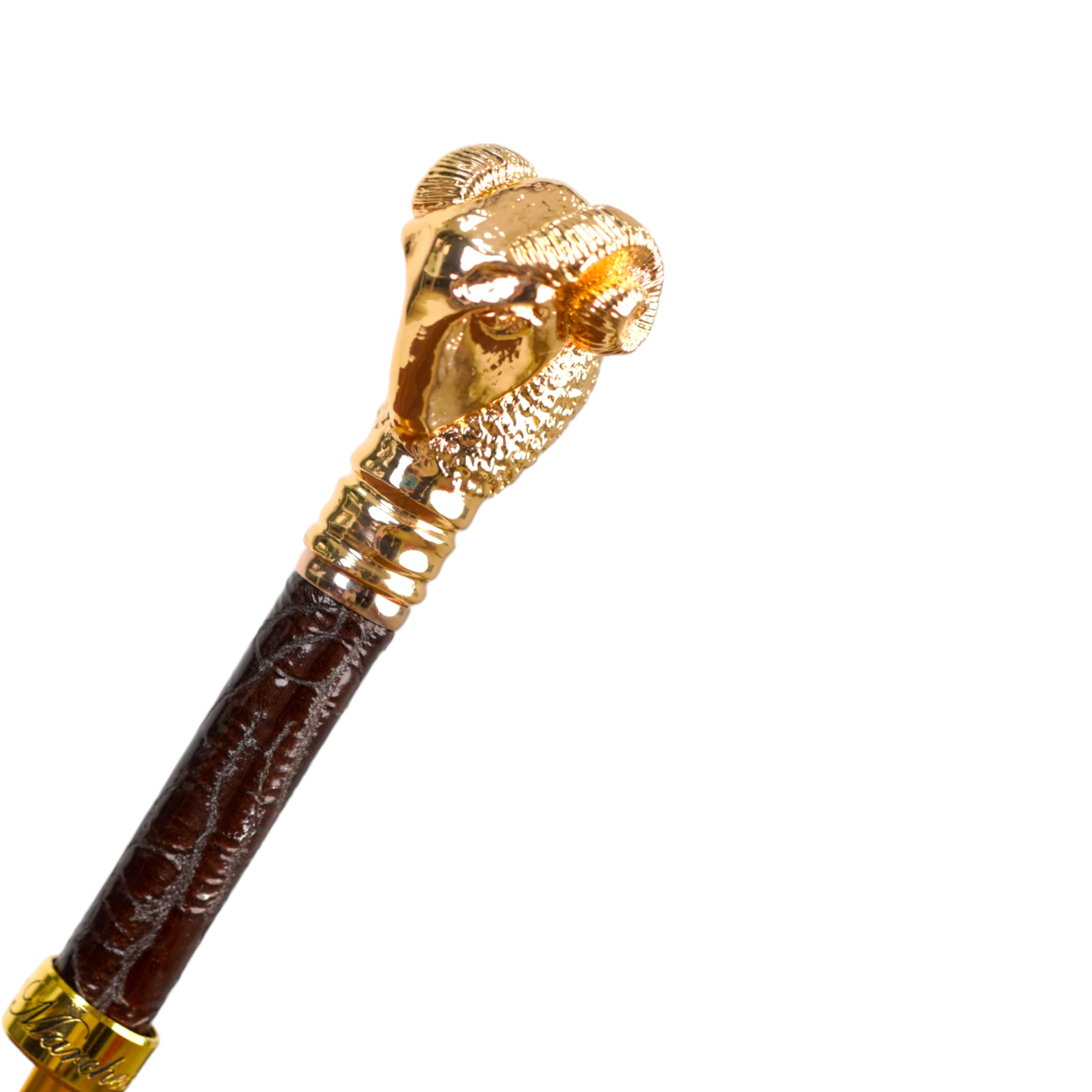 Elegante paraguas color tabaco con mango de carnero dorado