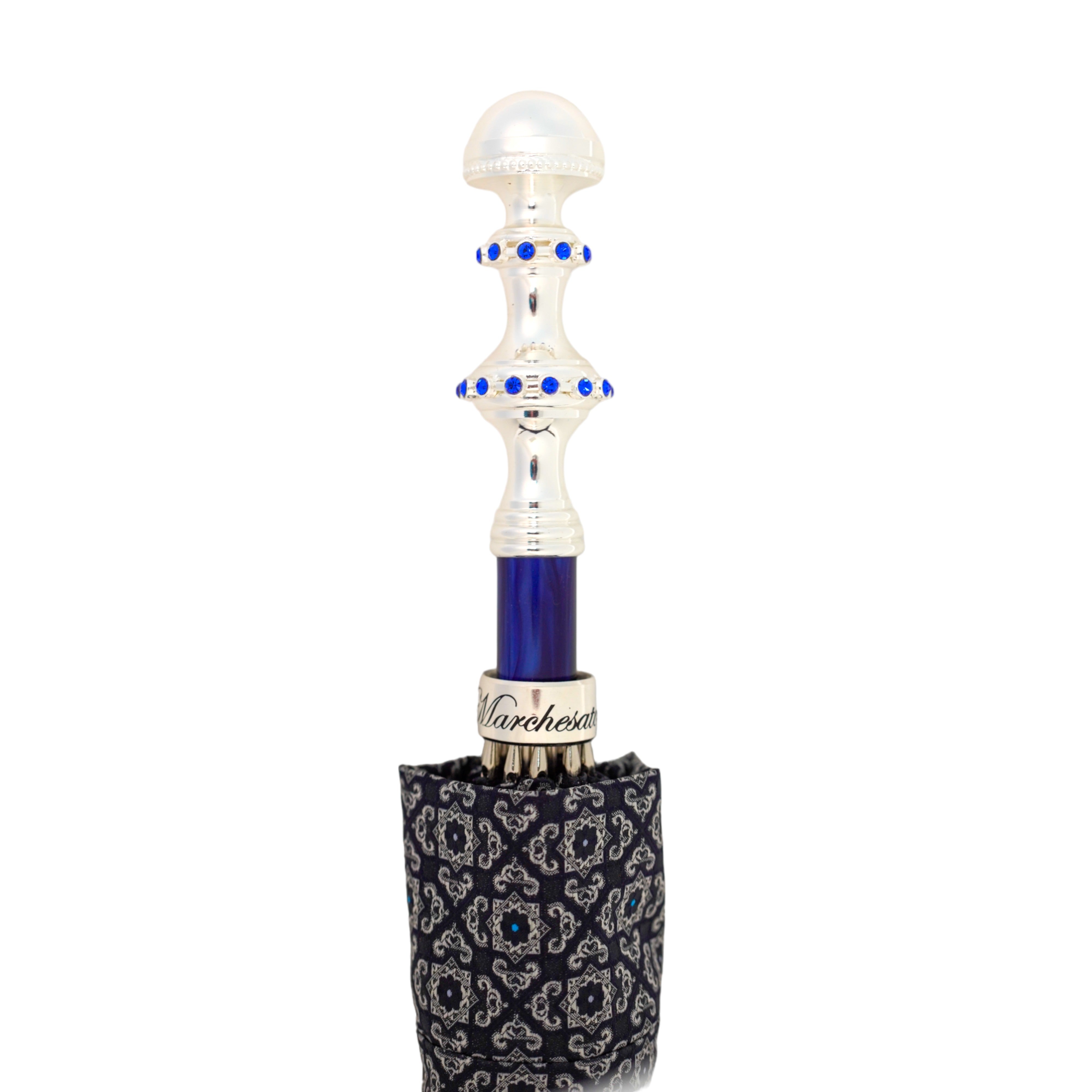 Paraguas de jacquard elegante en gris y azul - Mango chapado en plata