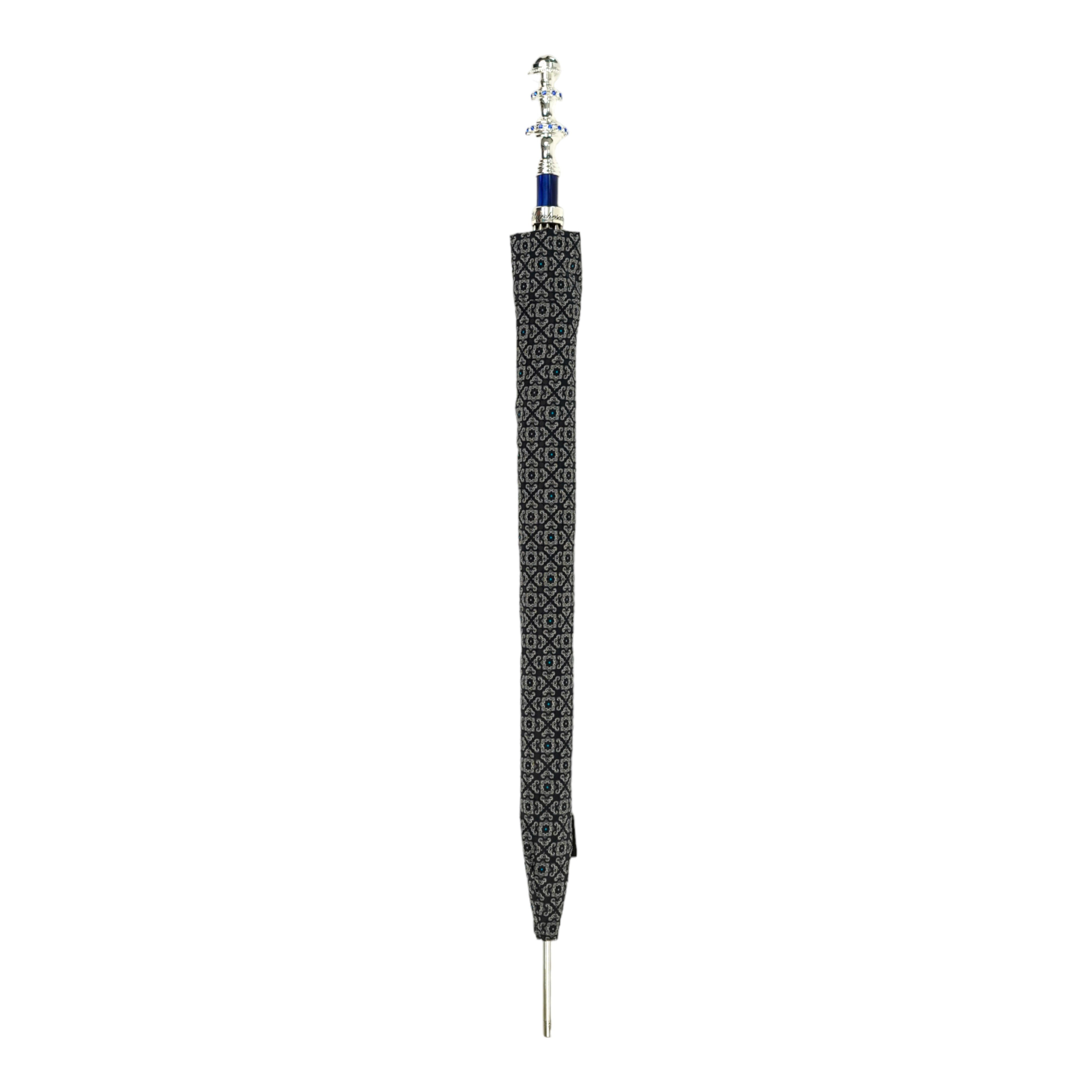 Paraguas de jacquard elegante en gris y azul - Mango chapado en plata
