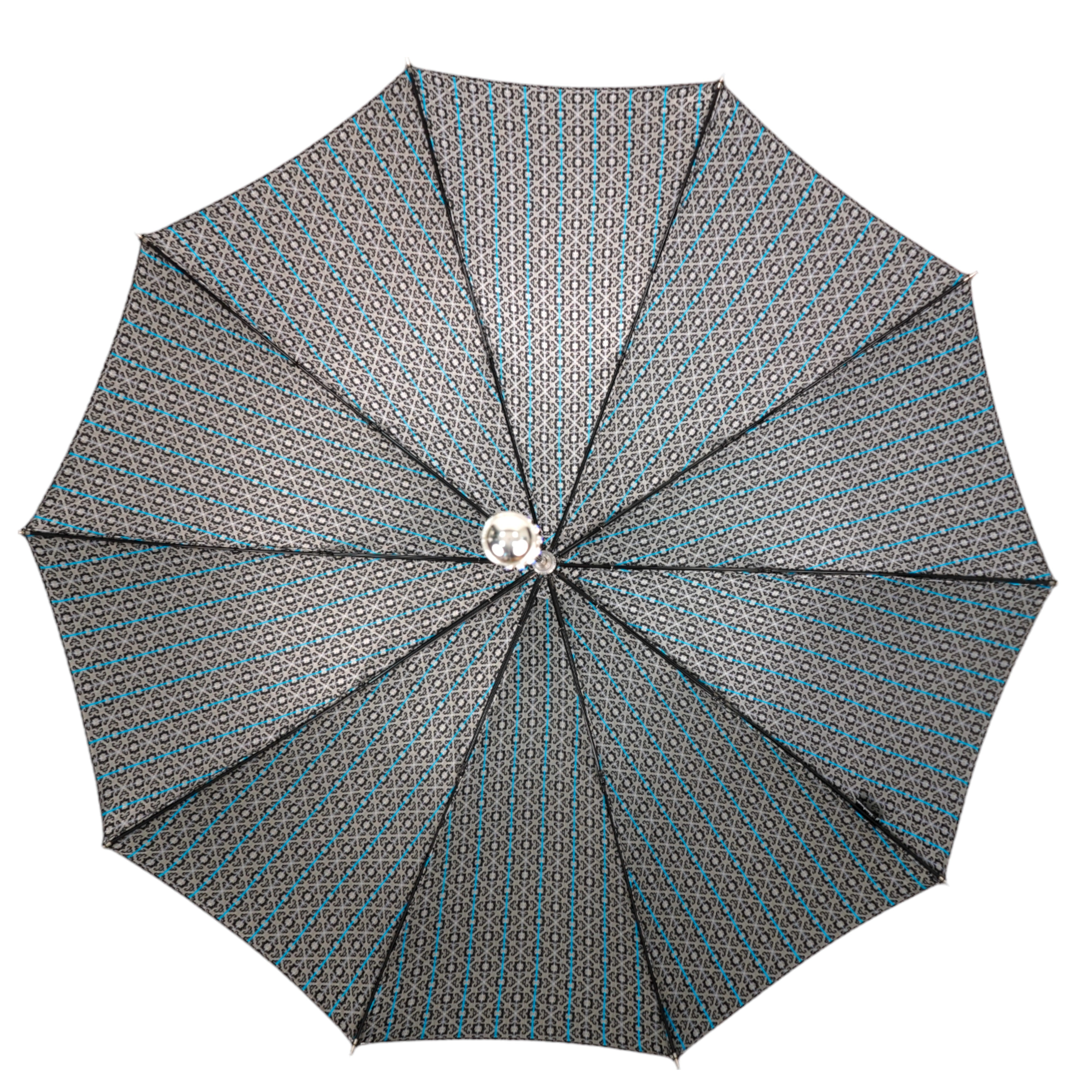Paraguas de jacquard elegante en gris y azul - Mango chapado en plata