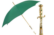 Majestuoso paraguas verde con mango de espada ornamentado y baño de oro de 24 quilates