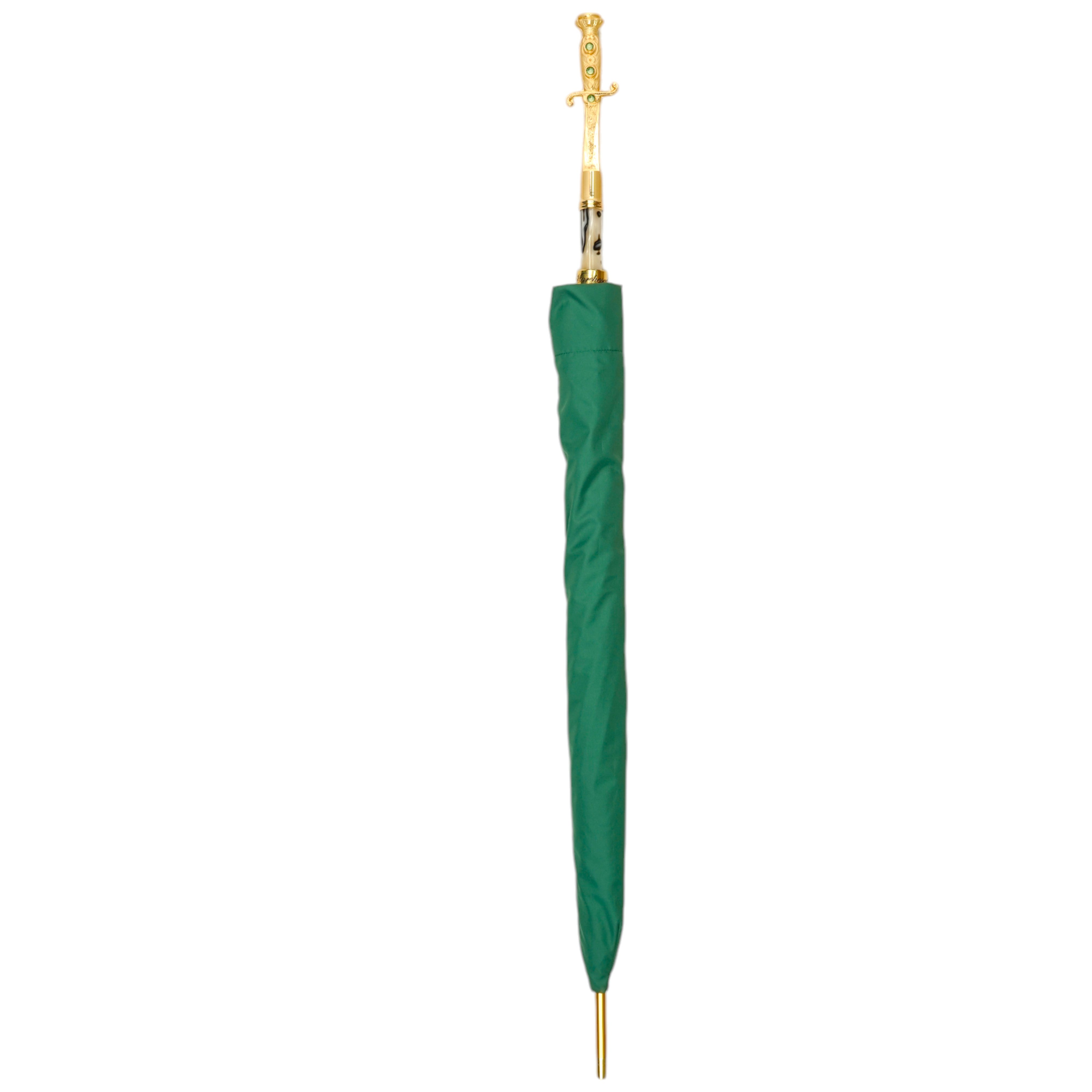 Majestuoso paraguas verde con mango de espada ornamentado y baño de oro de 24 quilates