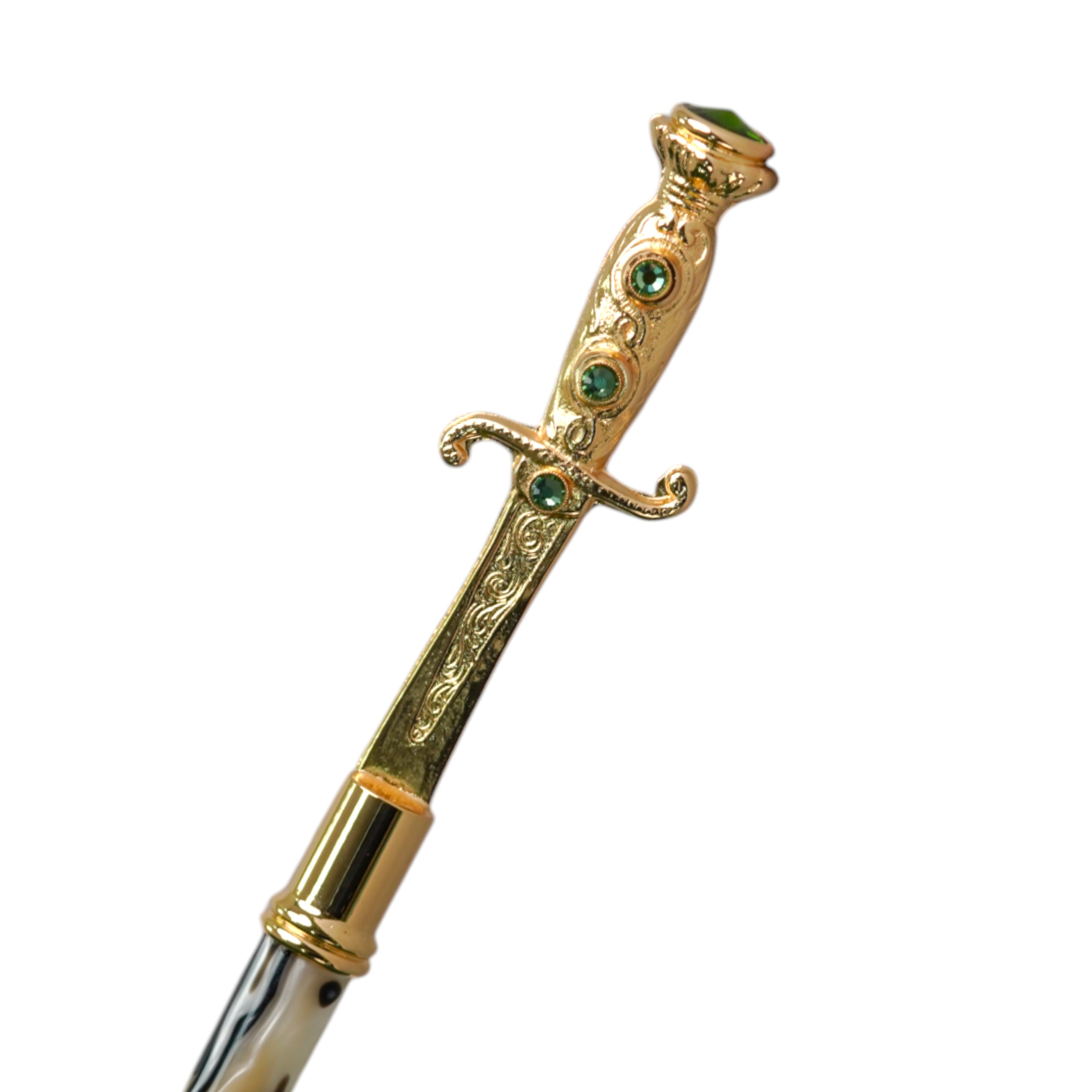 Majestuoso paraguas verde con mango de espada ornamentado y baño de oro de 24 quilates