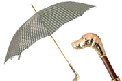 Golden Hound: Paraguas beige estampado con mango de perro en acabado dorado