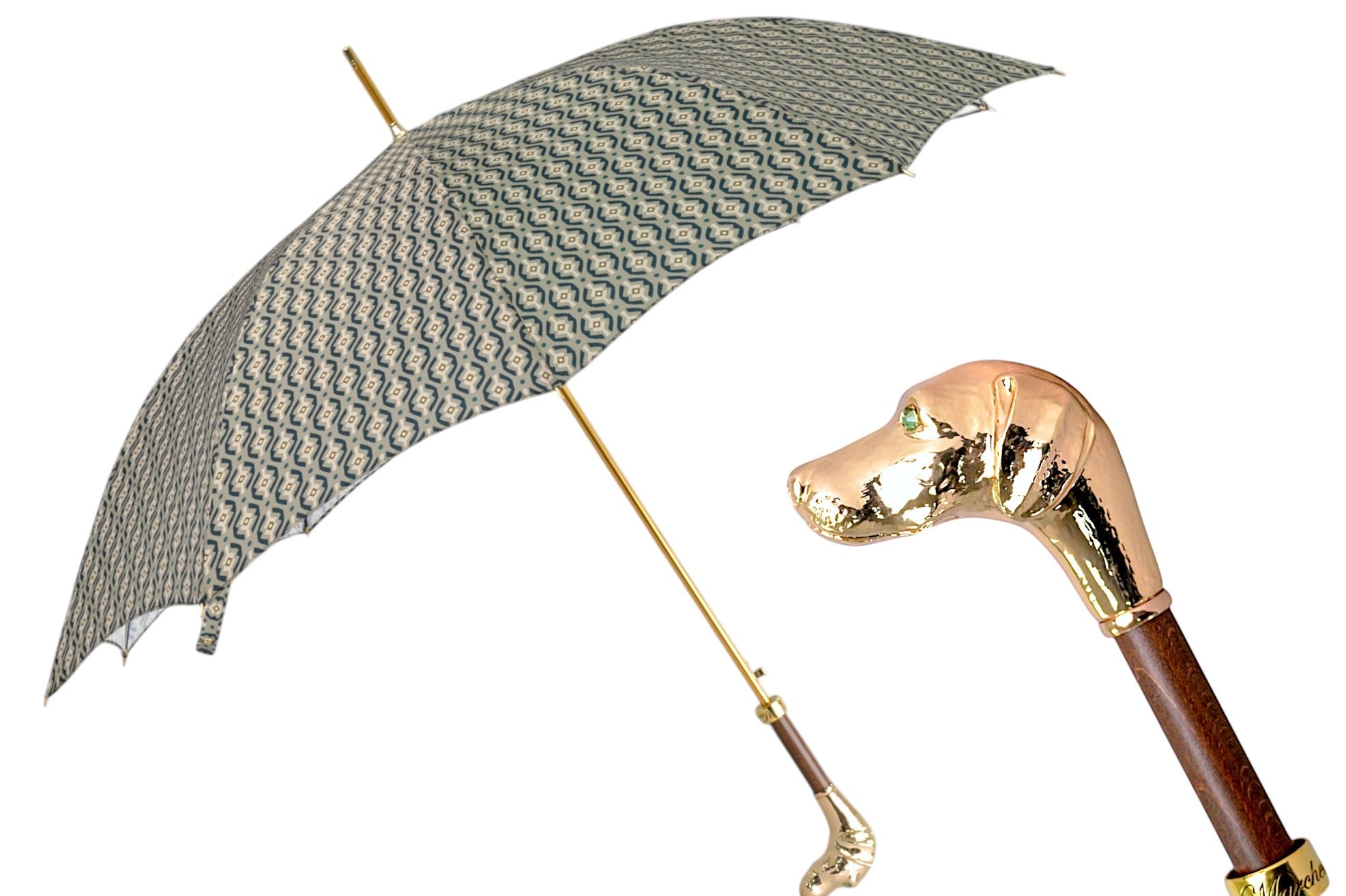 Golden Hound: Paraguas beige estampado con mango de perro en acabado dorado