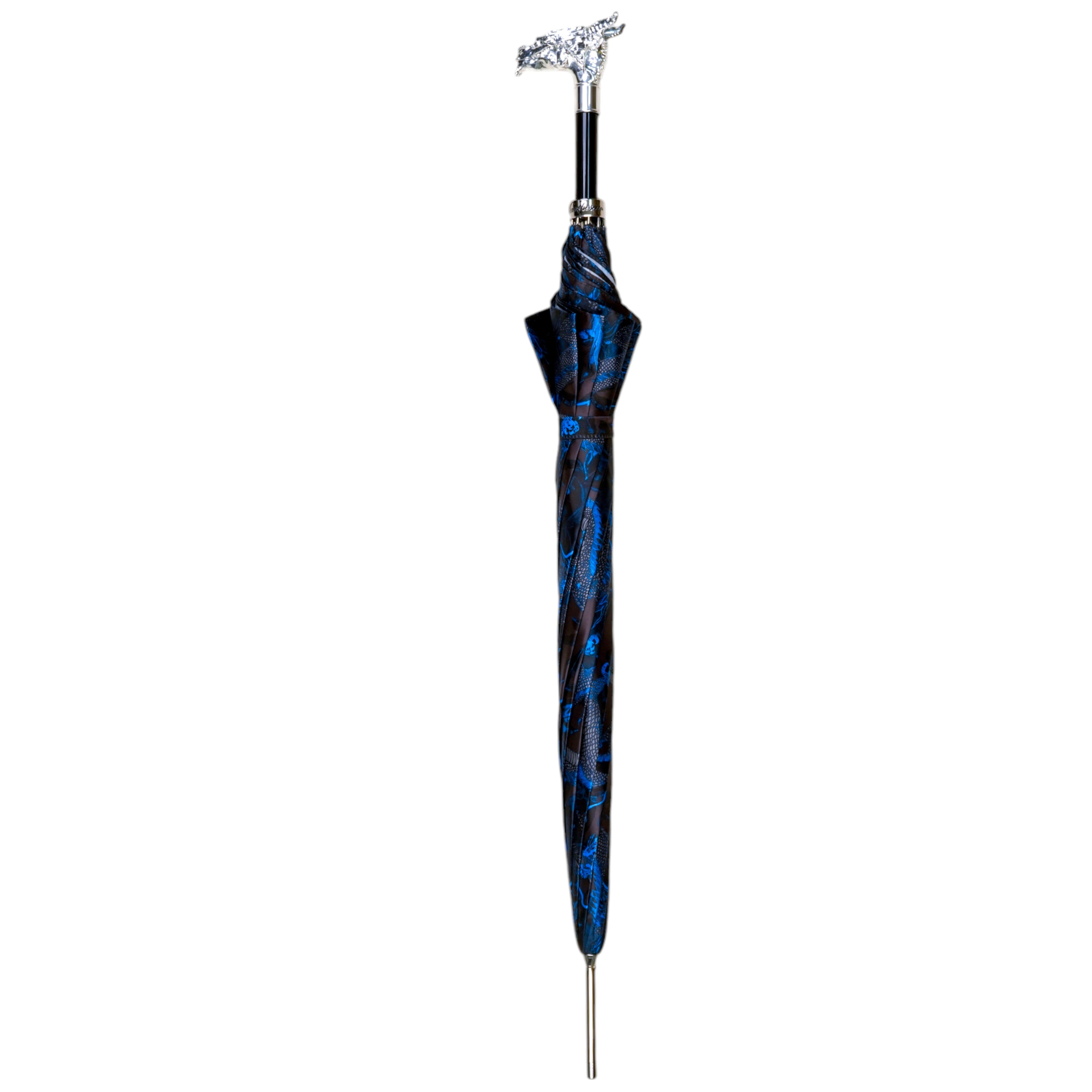 Paraguas de dragón mítico: mango bañado en plata y diseño azul oriental