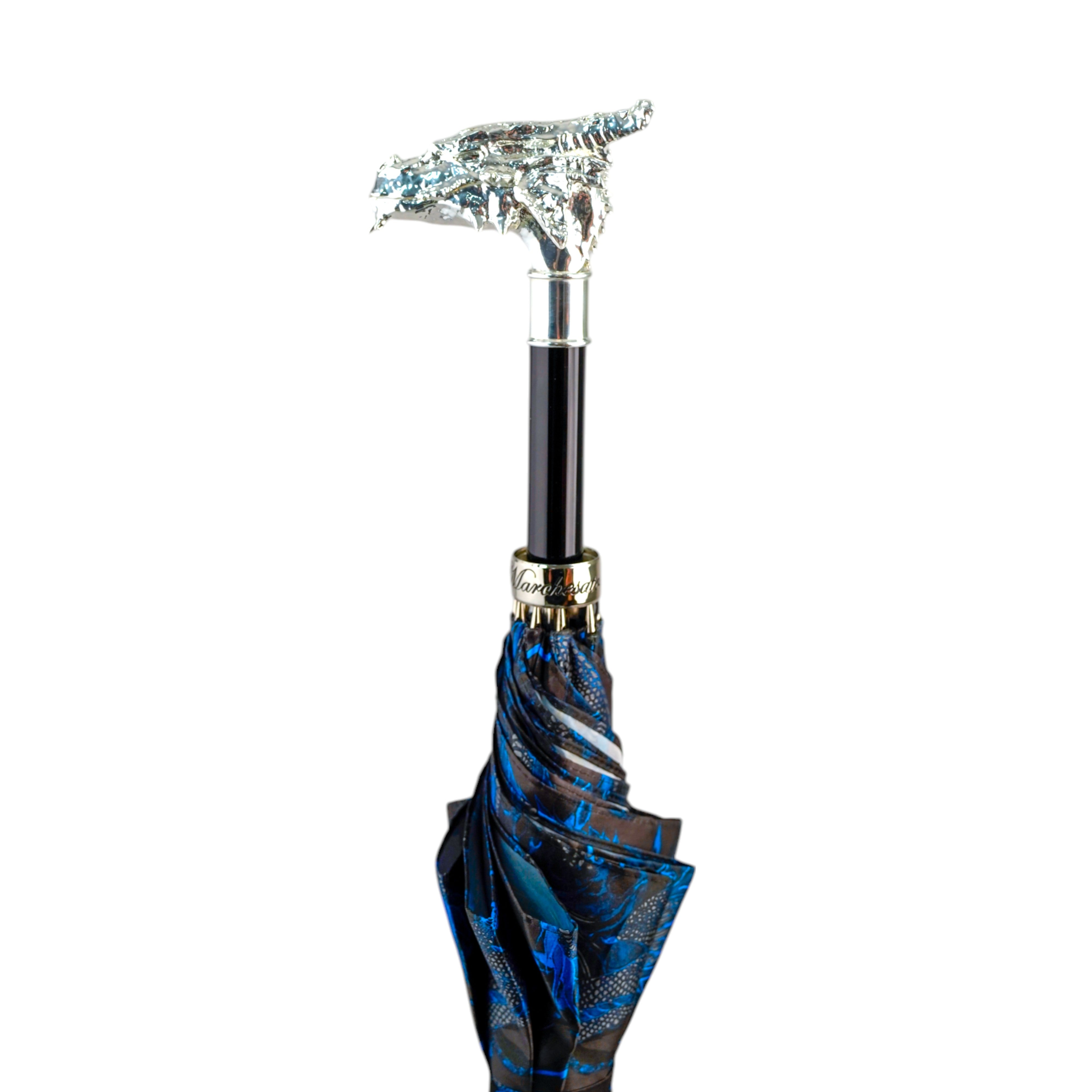 Paraguas de dragón mítico: mango bañado en plata y diseño azul oriental