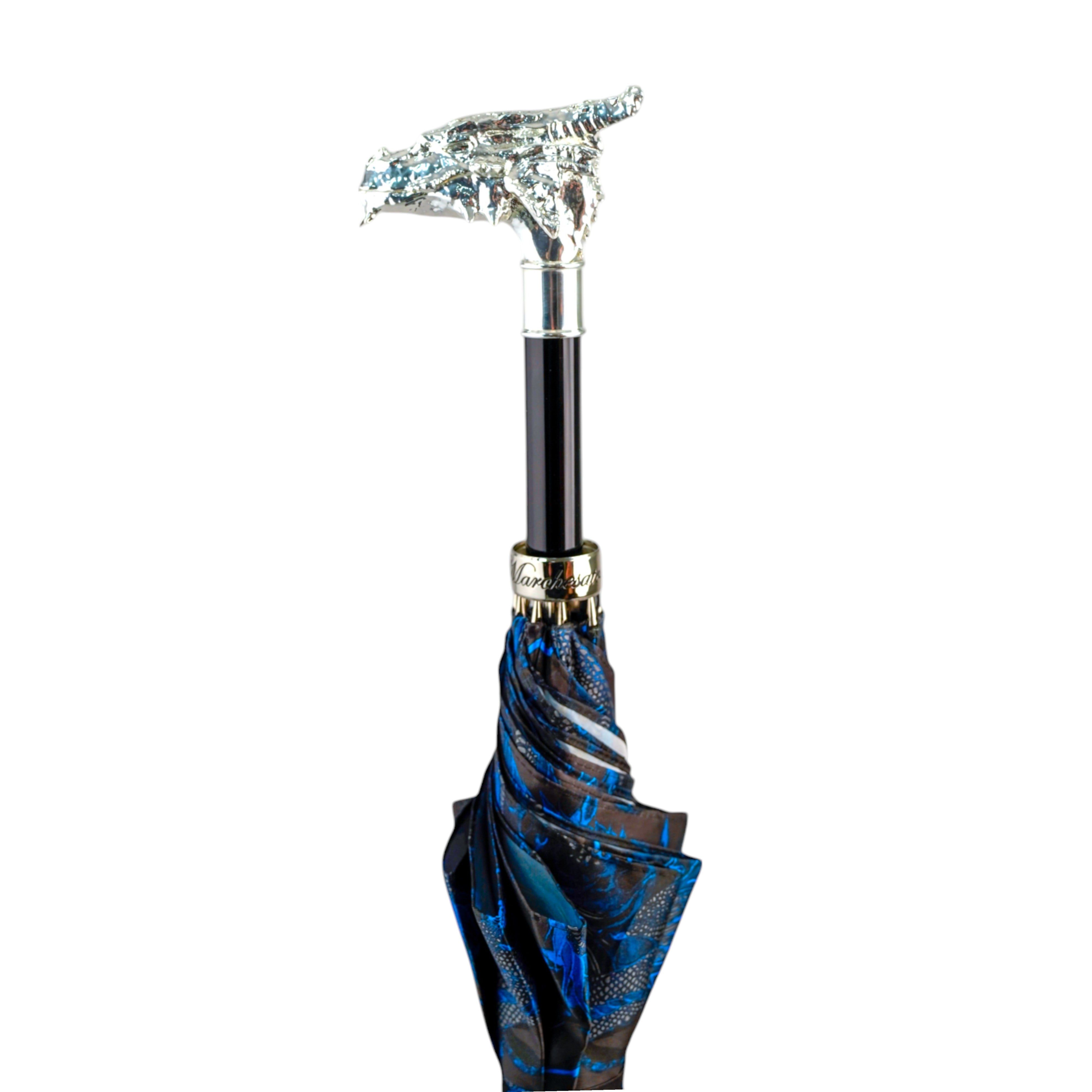 Paraguas de dragón mítico: mango bañado en plata y diseño azul oriental