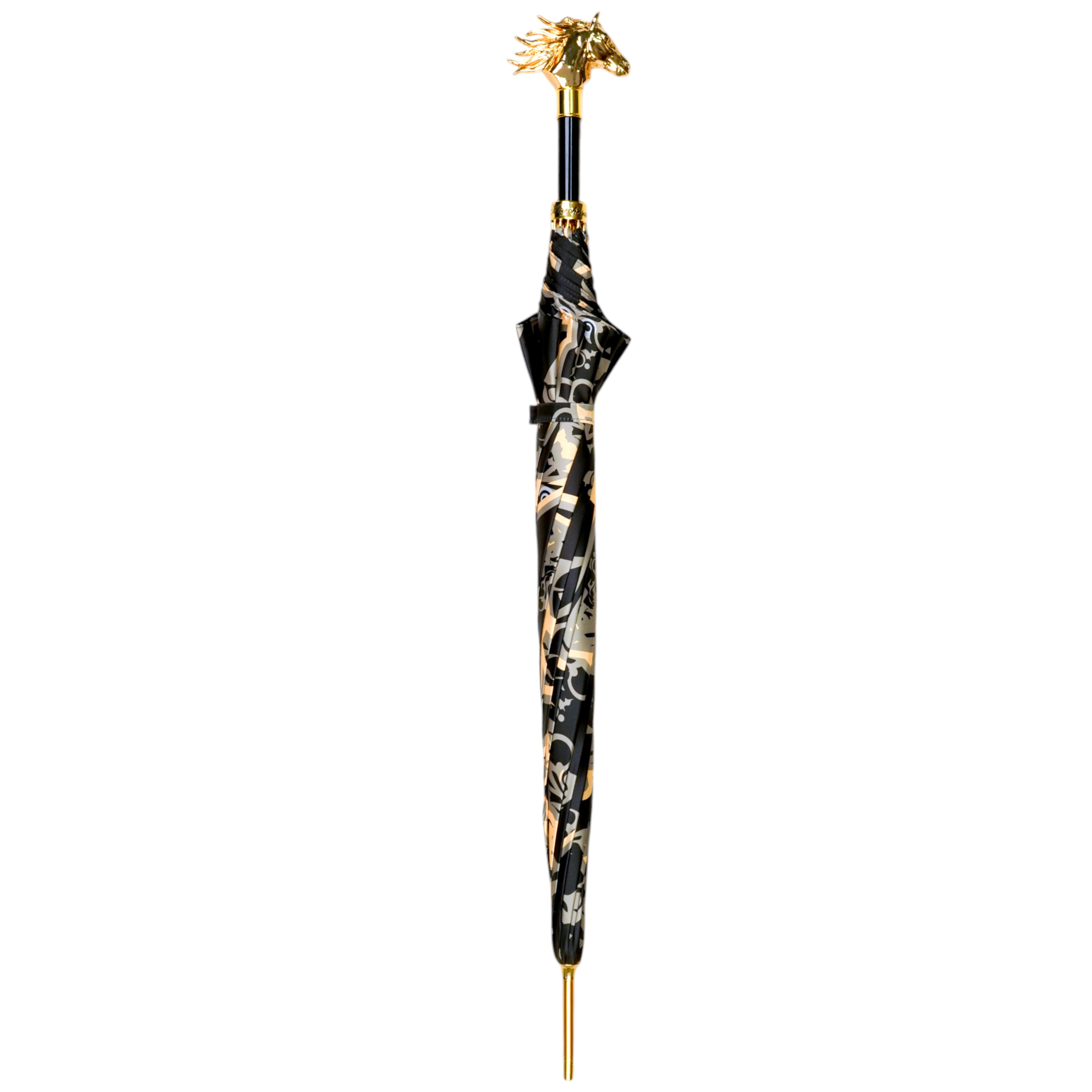 Paraguas con mango de cabeza de caballo dorado: elegante diseño ecuestre