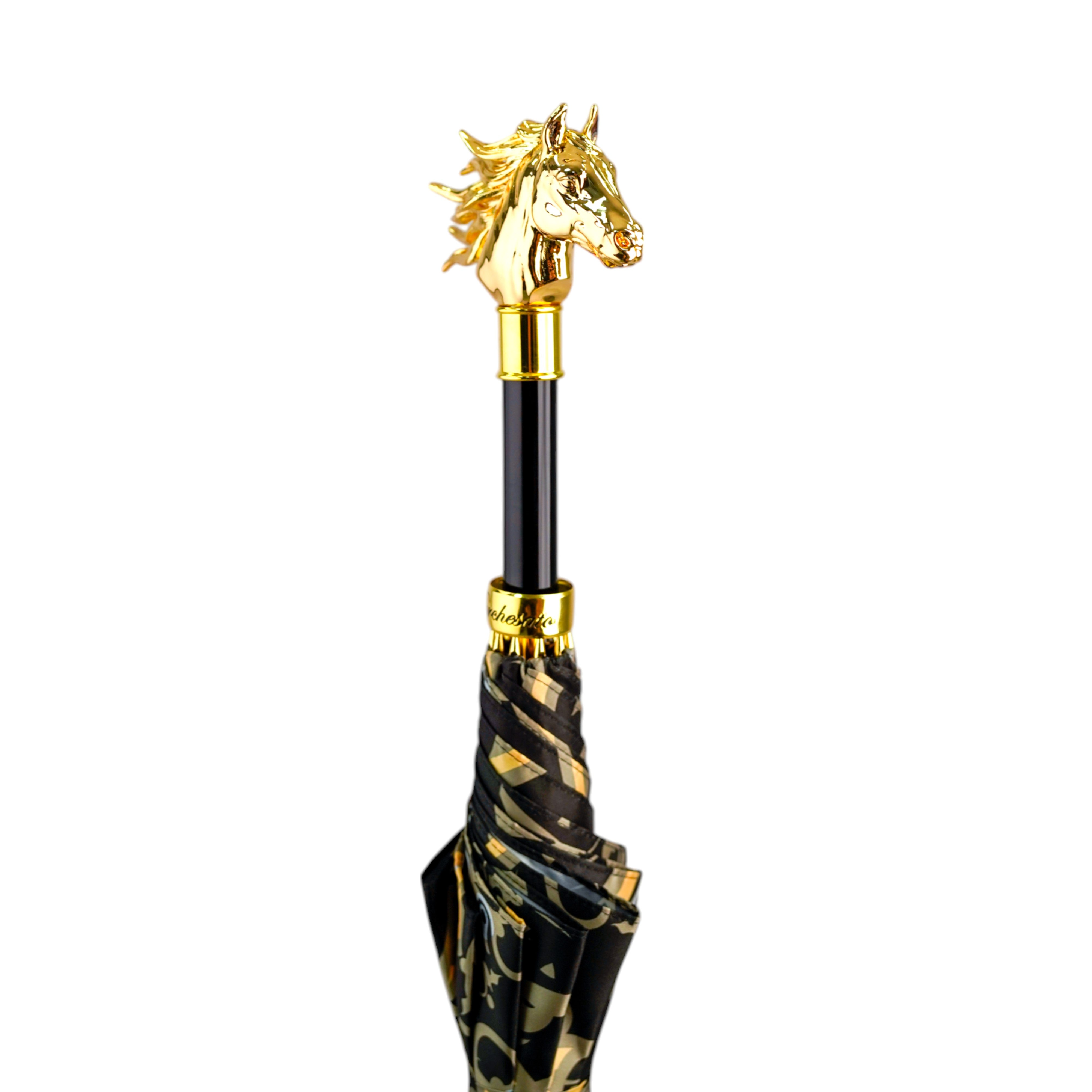 Paraguas con mango de cabeza de caballo dorado: elegante diseño ecuestre
