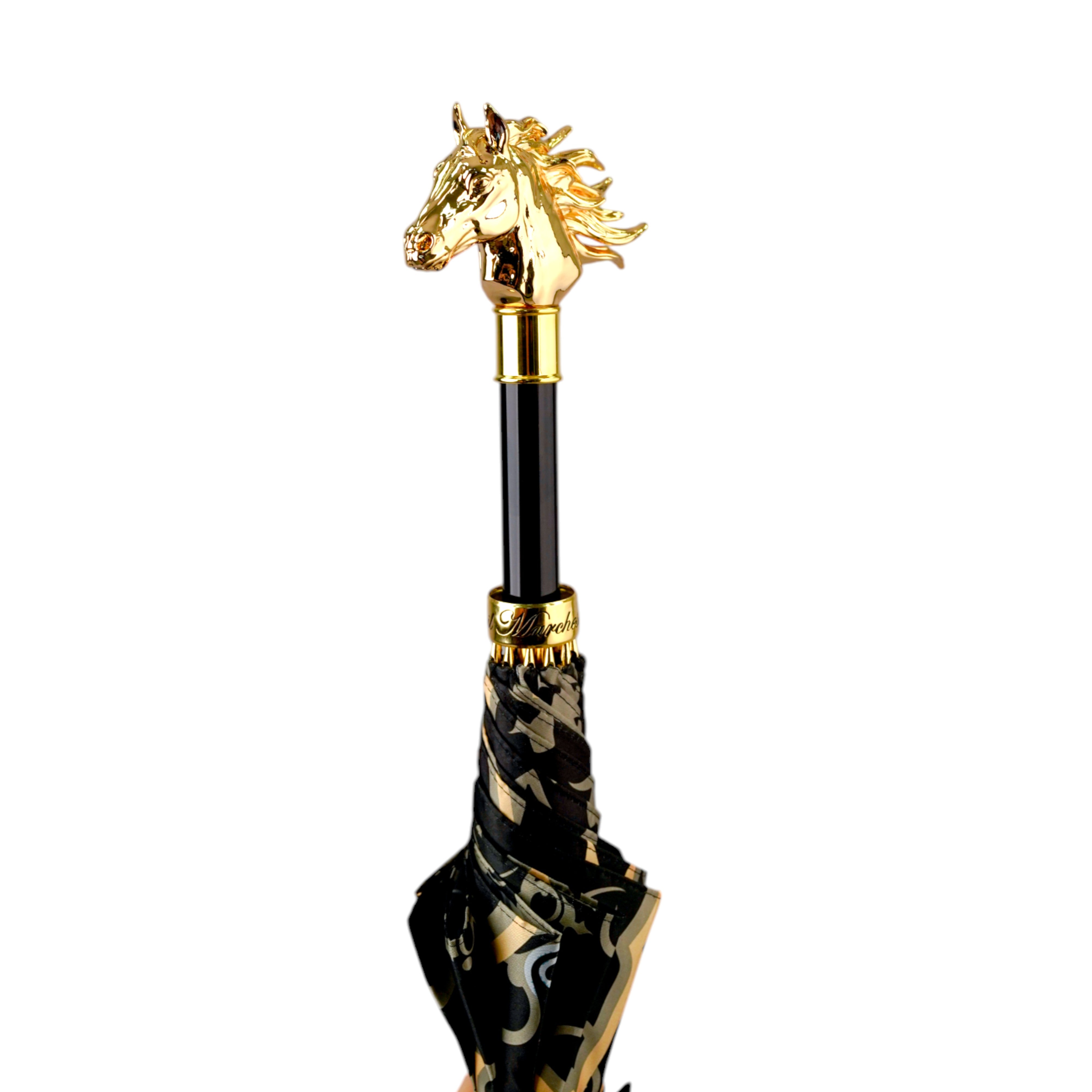 Paraguas con mango de cabeza de caballo dorado: elegante diseño ecuestre
