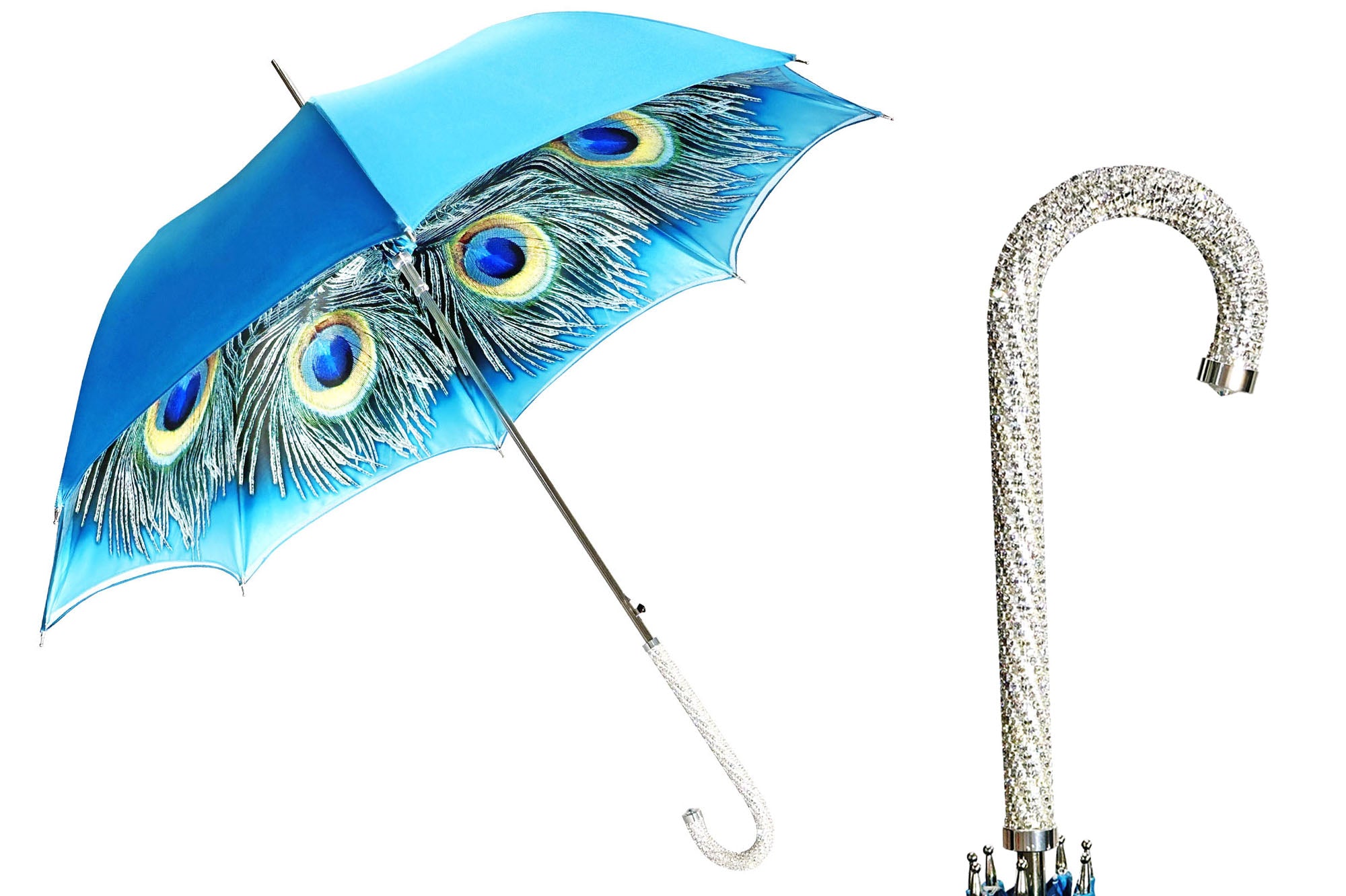 Umbrella with fantastic turquoise peacock thousands of crystals