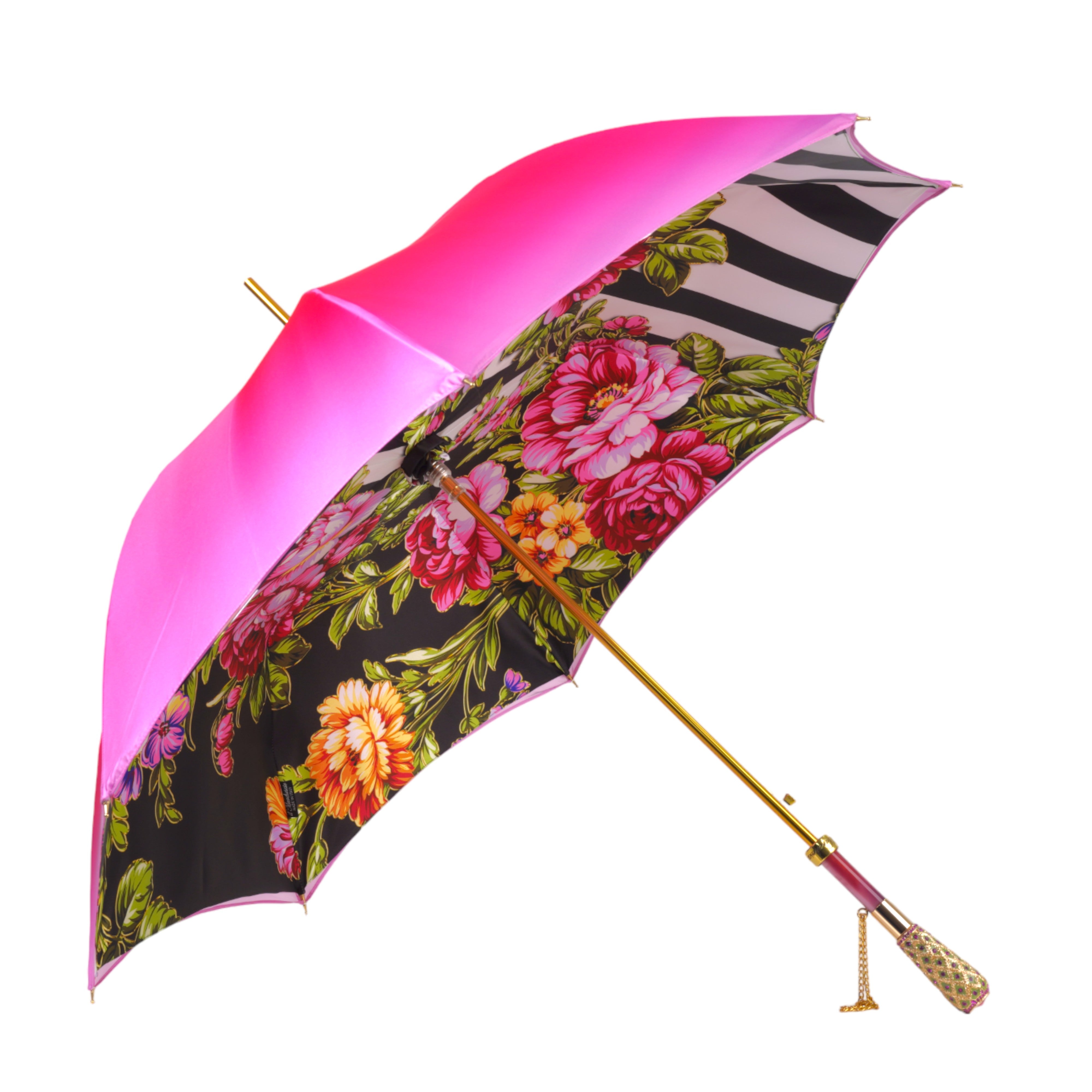 Ombrello artigianale a fiori rosa con manico in cristallo e squisiti dettagli dipinti a mano