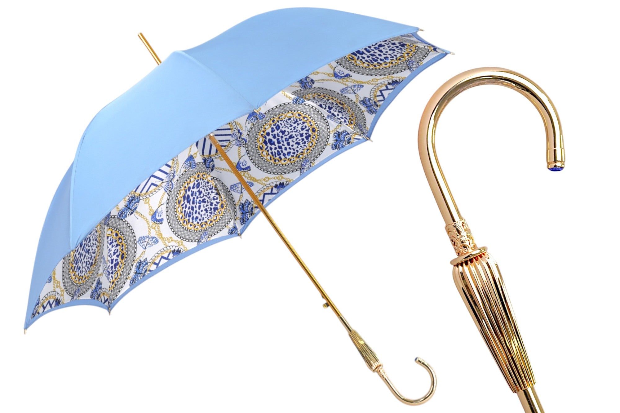 Blue Royalty: Light Blue Umbrella with Elegant Gold Handle