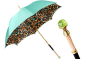 Wild Elegance: Teal Umbrella with Leopard Print and Green Crystal Handle
