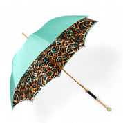 Wild Elegance: Teal Umbrella with Leopard Print and Green Crystal Handle