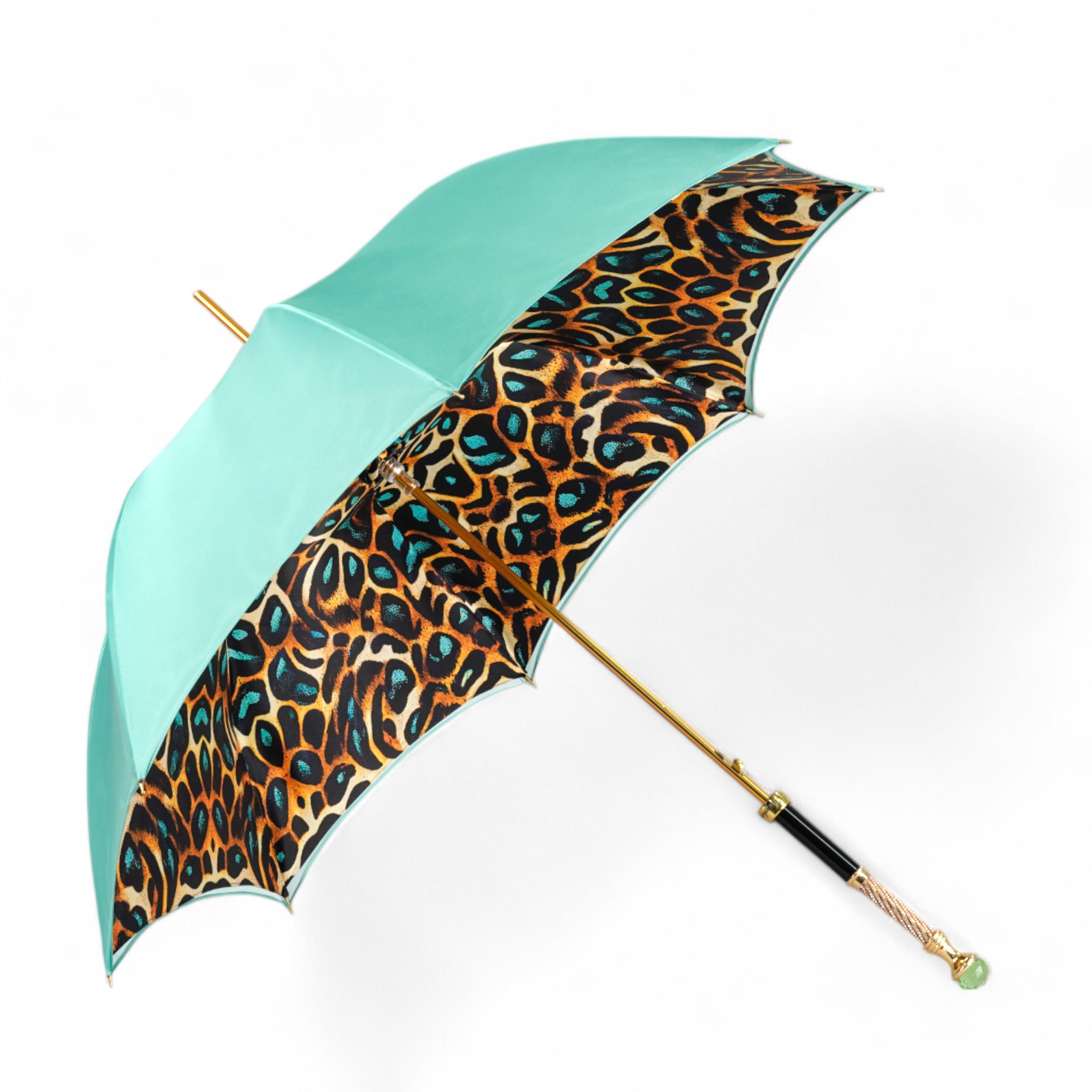 leopard print patio umbrella Wild Elegance: Teal Umbrella with Leopard Print and Green Crystal Hand – ilMarchesato