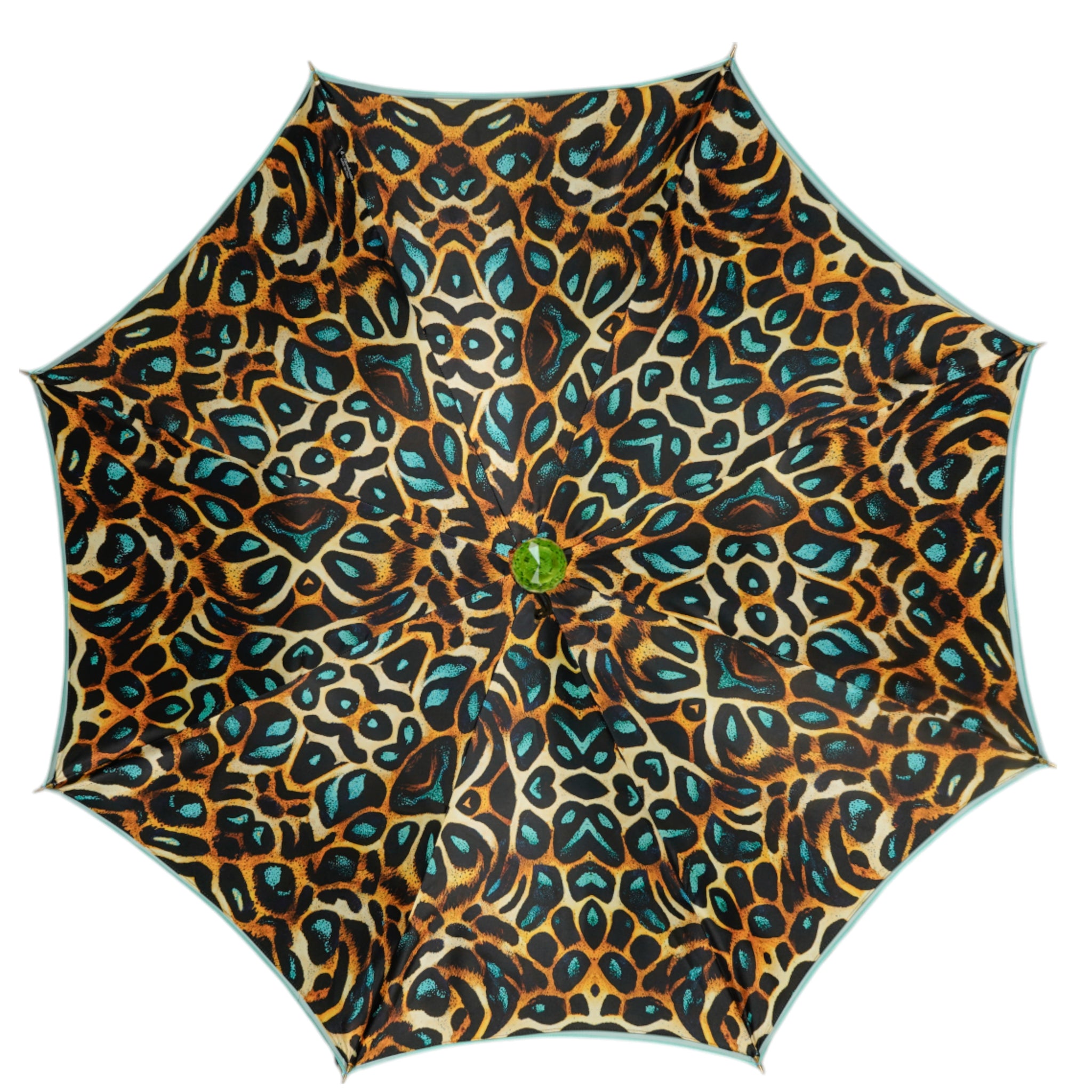 leopard print patio umbrella Wild Elegance: Teal Umbrella with Leopard Print and Green Crystal Hand – ilMarchesato