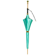 Wild Elegance: Teal Umbrella with Leopard Print and Green Crystal Handle