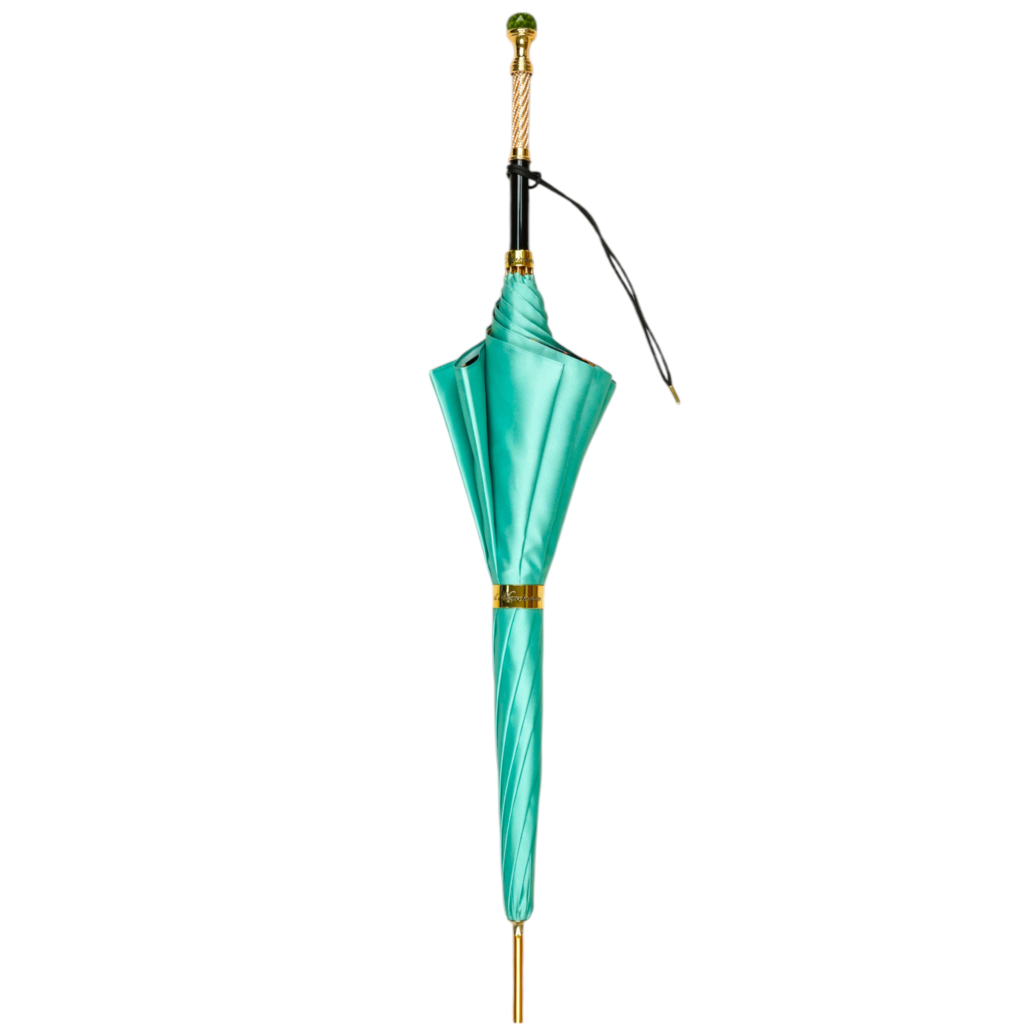 Wild Elegance: Teal Umbrella with Leopard Print and Green Crystal Handle