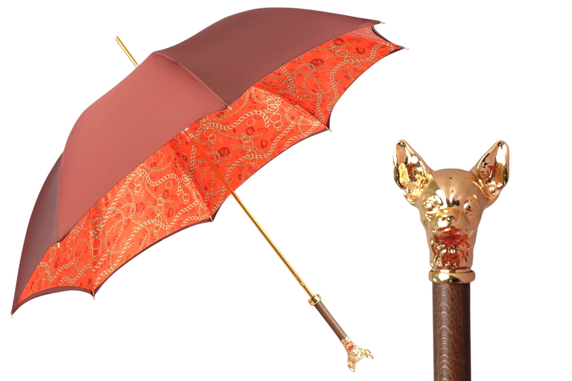 Chic Companion: Red Umbrella with Gold Chihuahua Handle