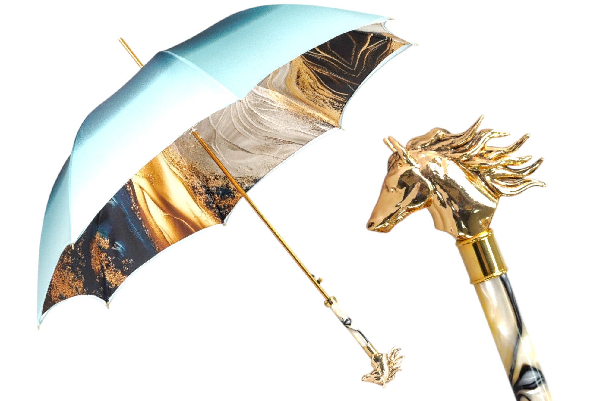 Equestrian Elegance: Light Blue Umbrella with Golden Horse Head Handle