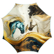 Equestrian Elegance: Light Blue Umbrella with Golden Horse Head Handle