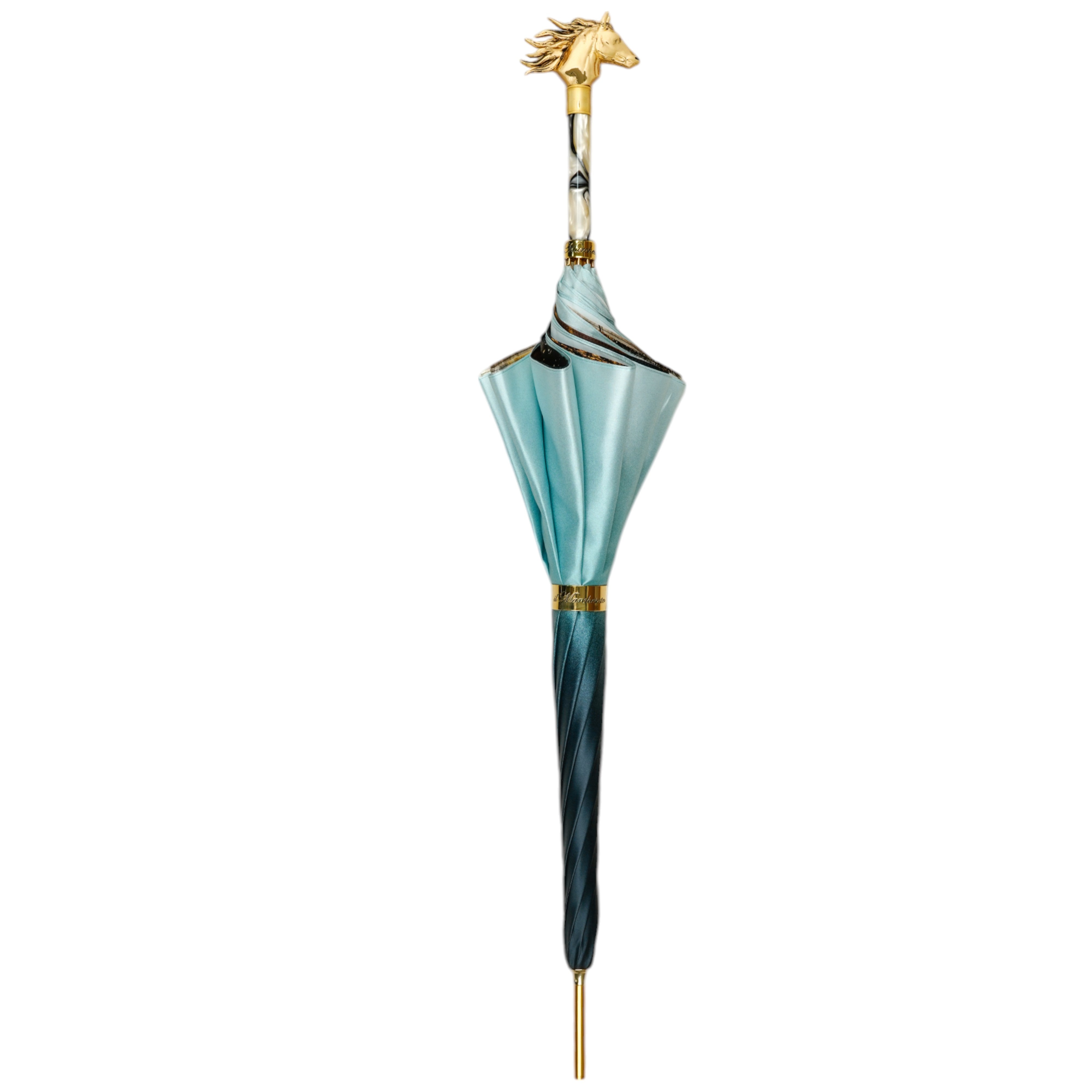 Equestrian Elegance: Light Blue Umbrella with Golden Horse Head Handle