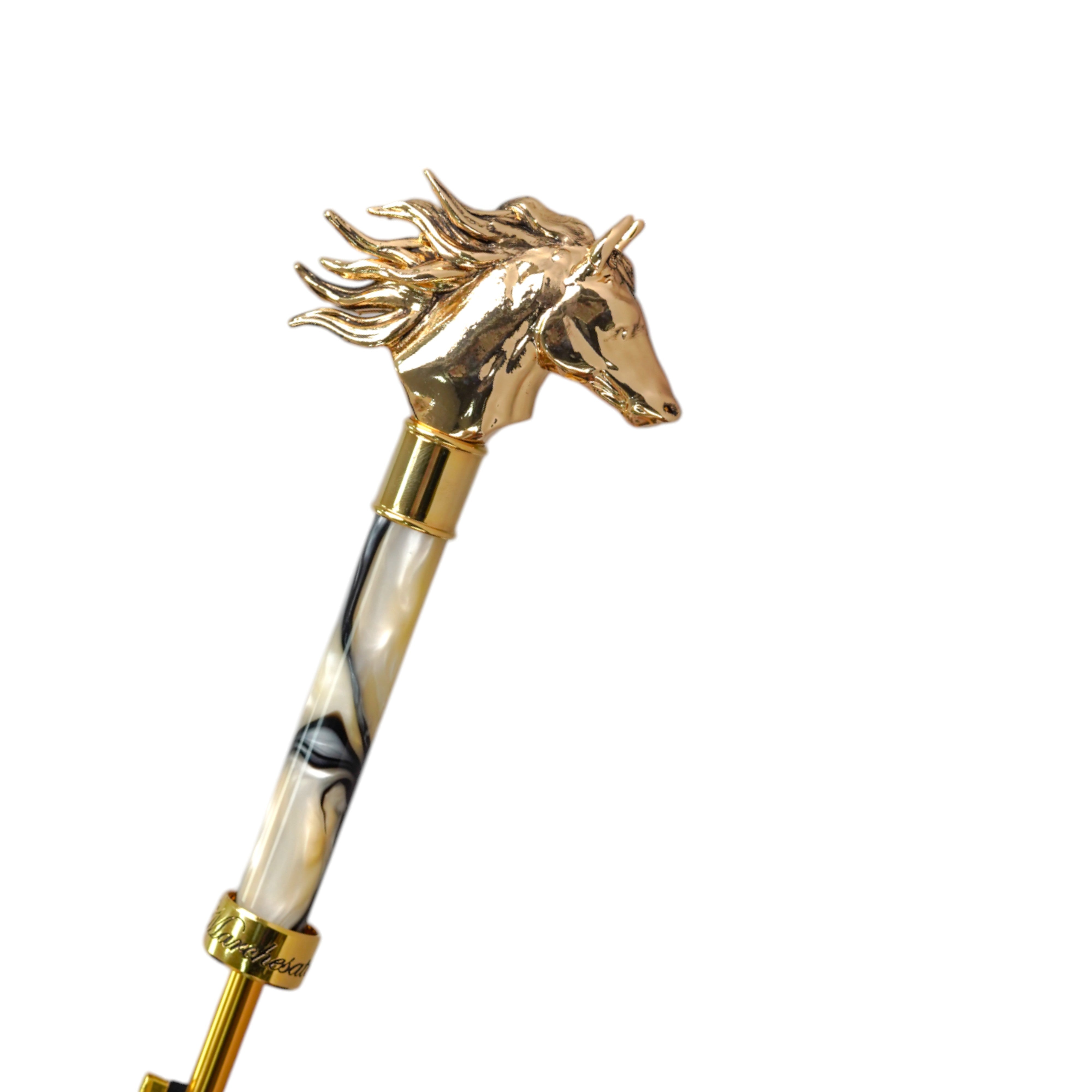 Equestrian Elegance: Light Blue Umbrella with Golden Horse Head Handle