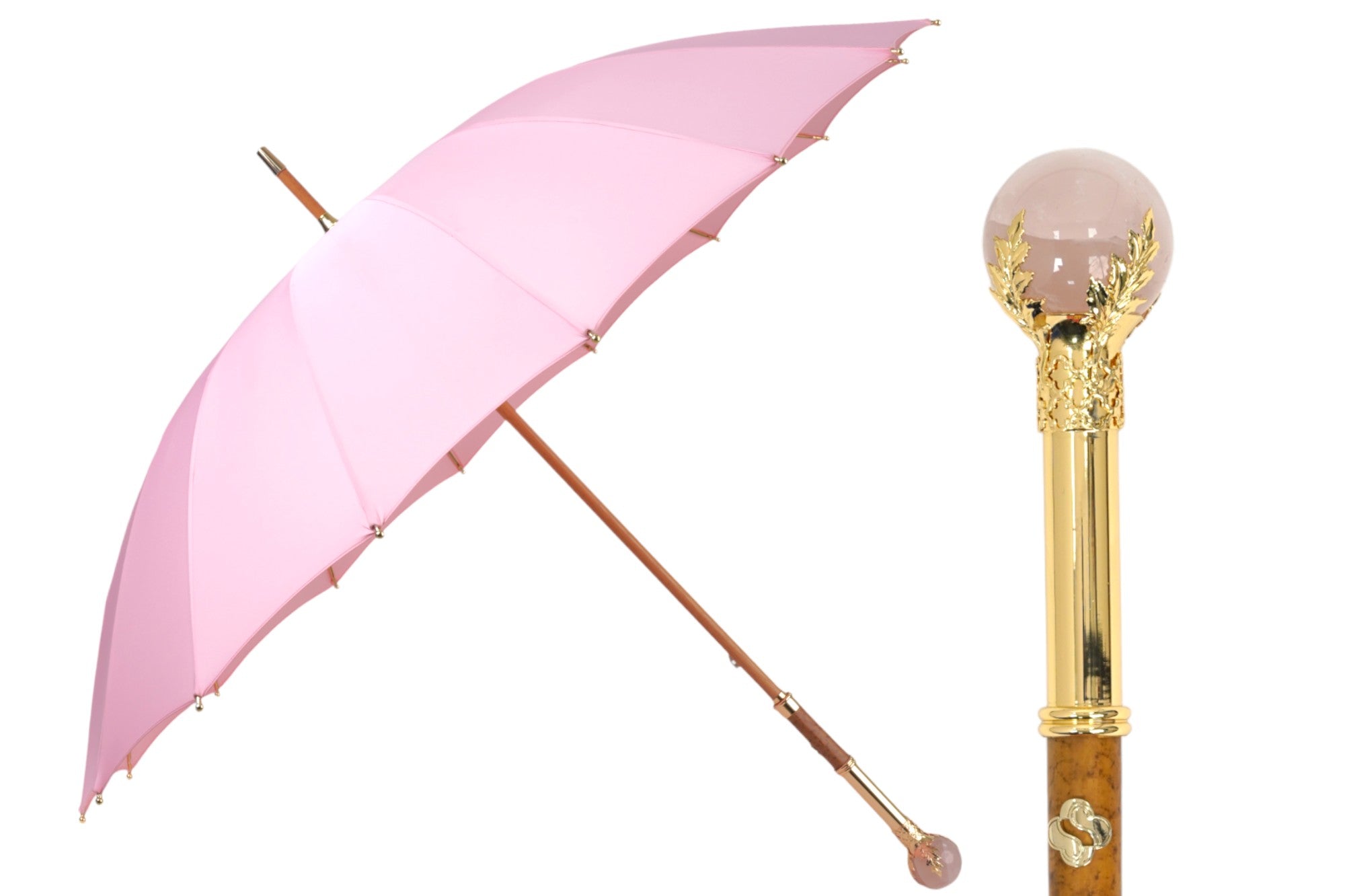 COLLEZIONE LIMITATA - Ombrello rosa con manico placcato oro e pietra di quarzo