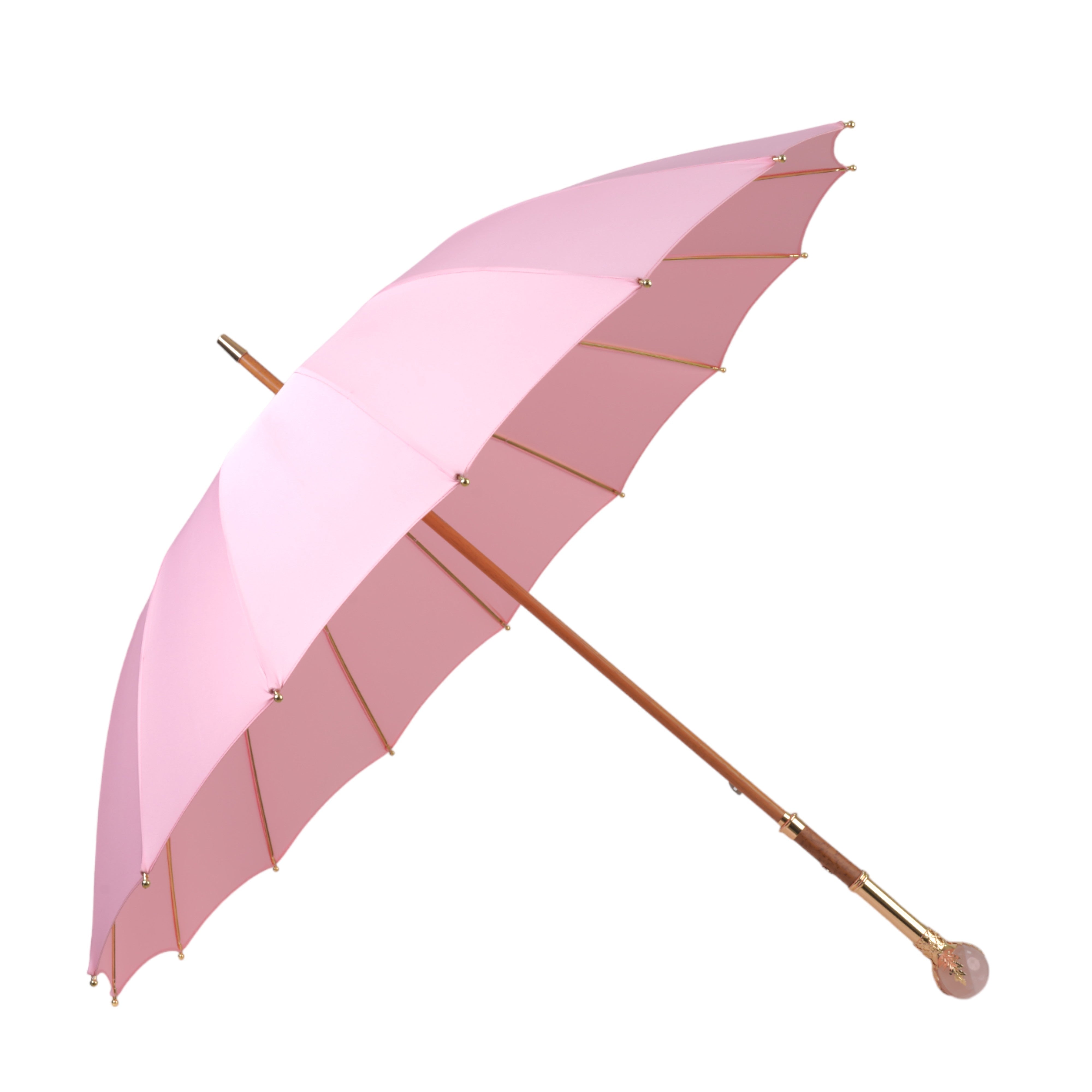 COLLEZIONE LIMITATA - Ombrello rosa con manico placcato oro e pietra di quarzo