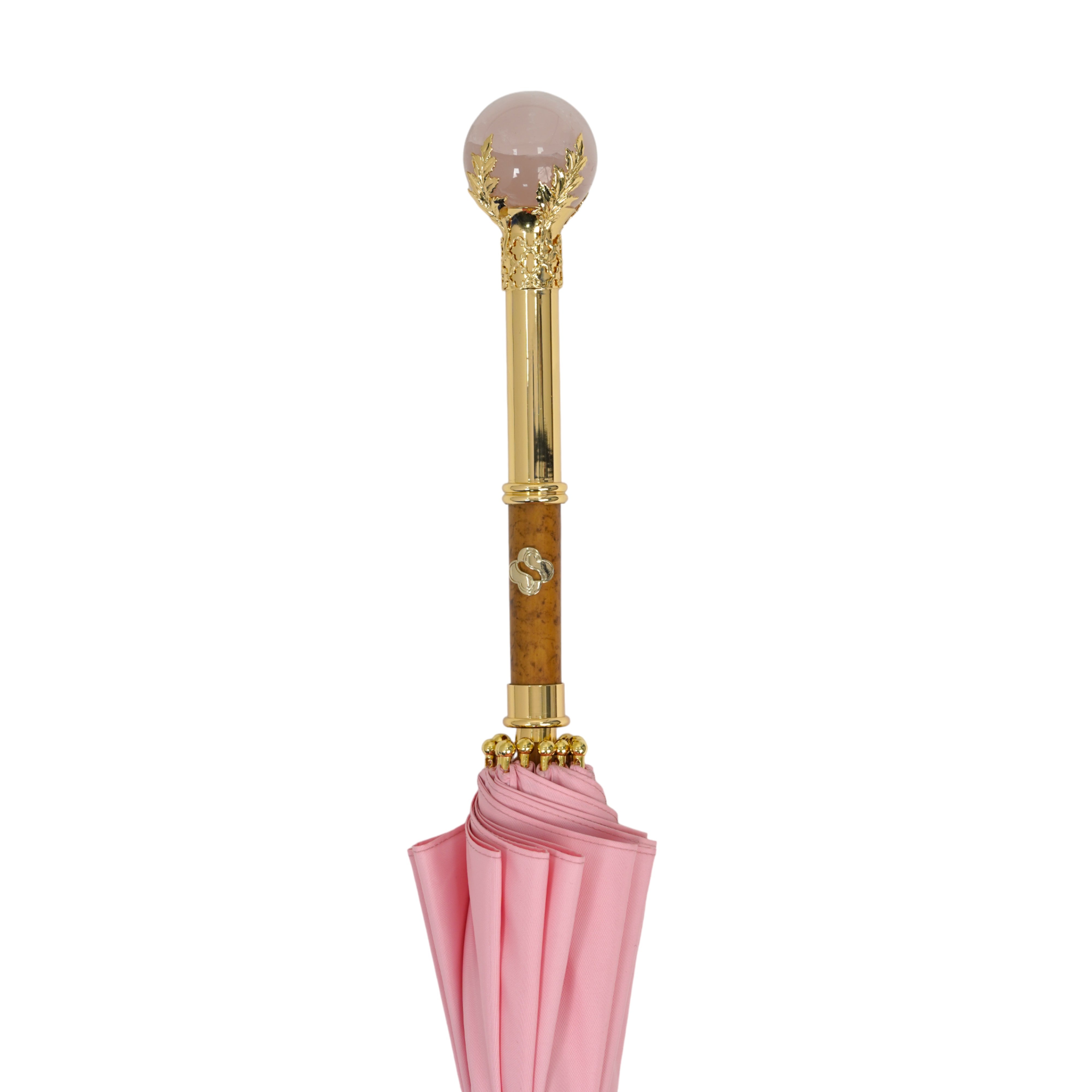 COLLEZIONE LIMITATA - Ombrello rosa con manico placcato oro e pietra di quarzo