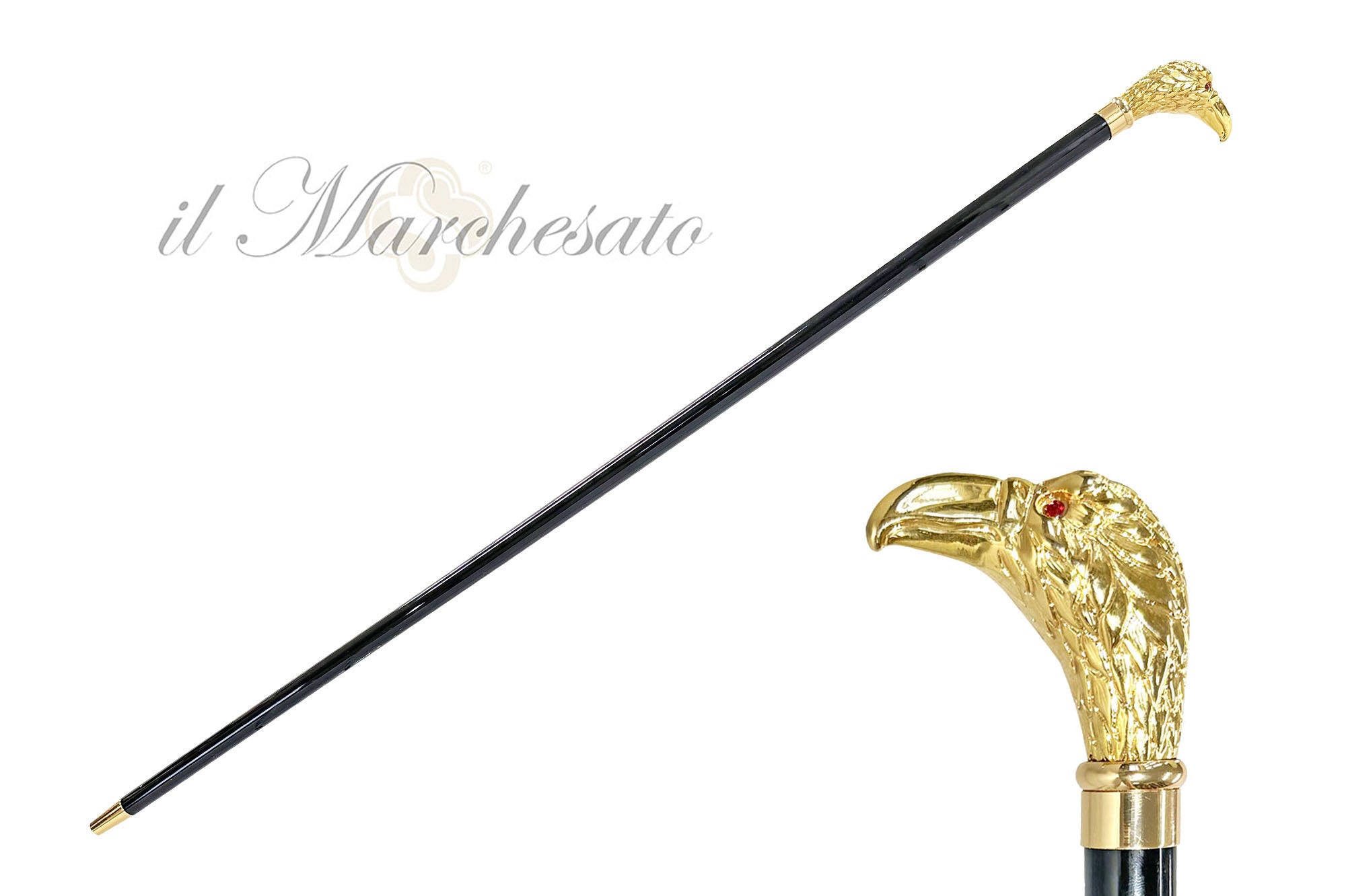 Handmade Eagle Walking stick with red stone - 24K gold-plated