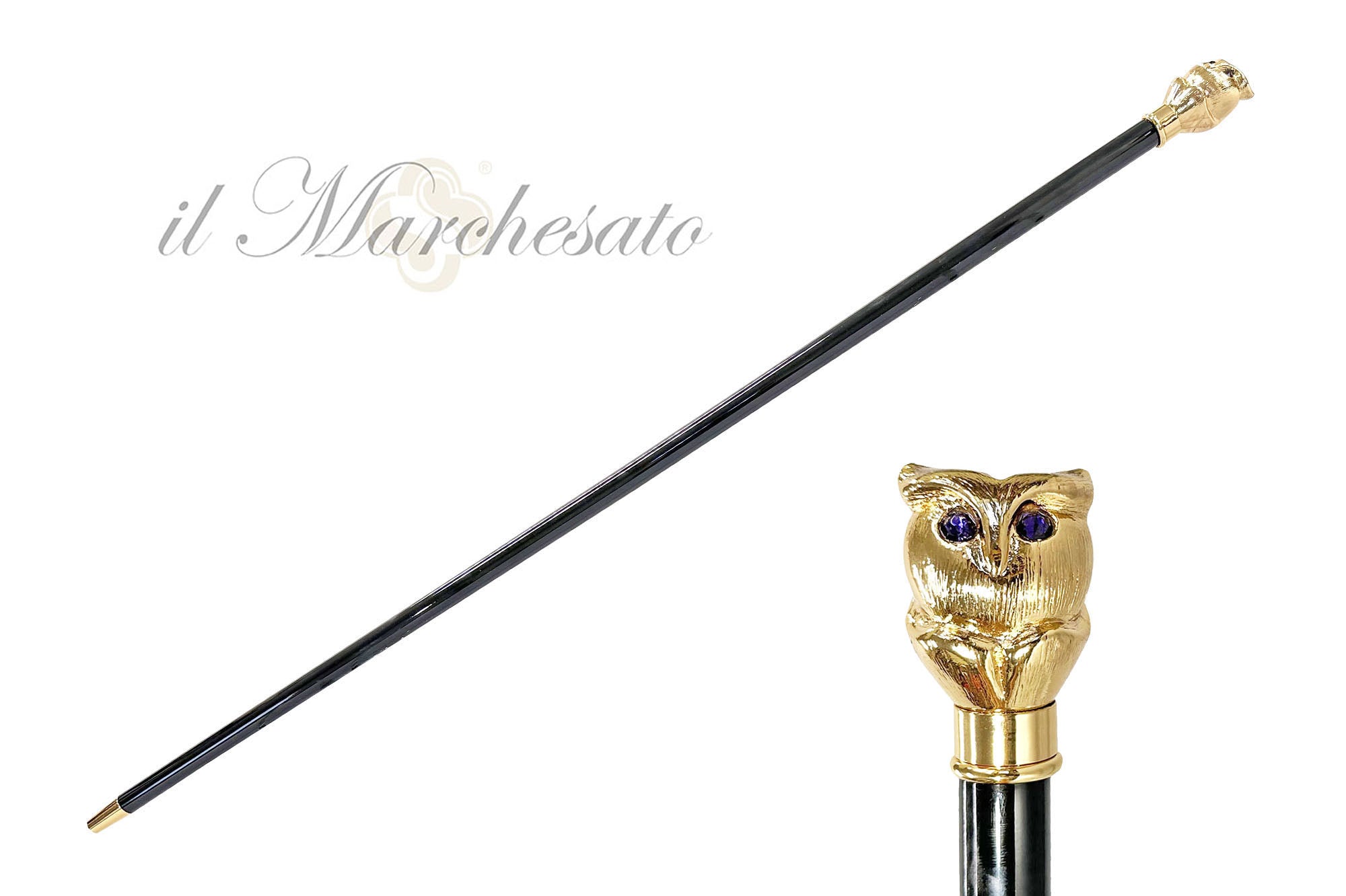 Handmade owl Walking stick with purple stone - 24K gold-plated
